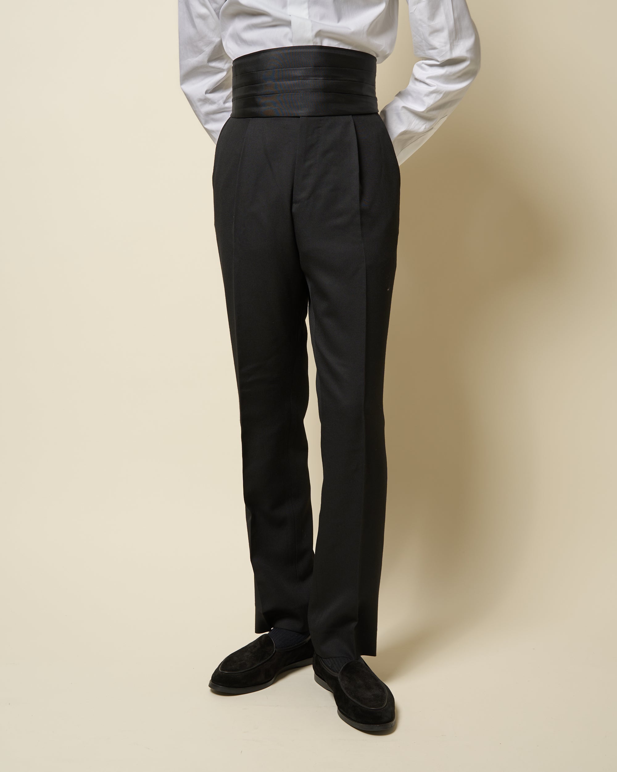 Pleated Dinner Trouser – Black Wool Barathea