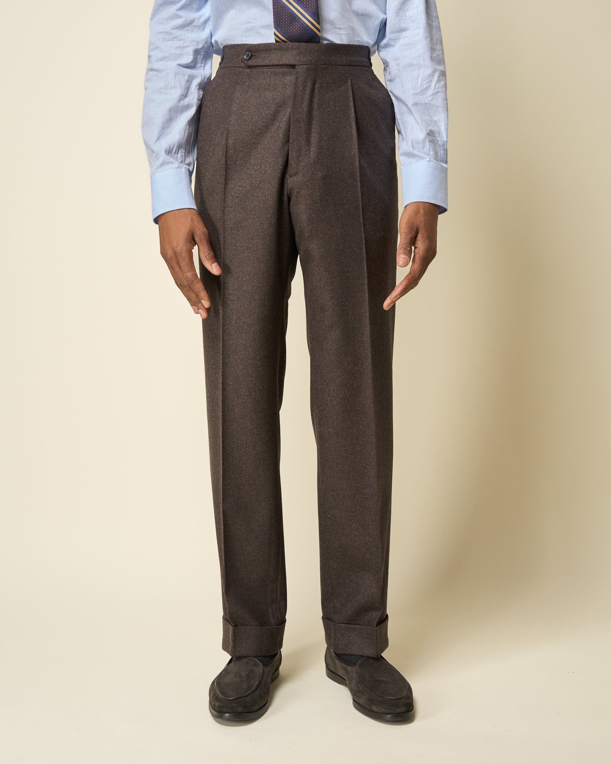 Classic Pleated Trouser - Brown Woollen Flannel