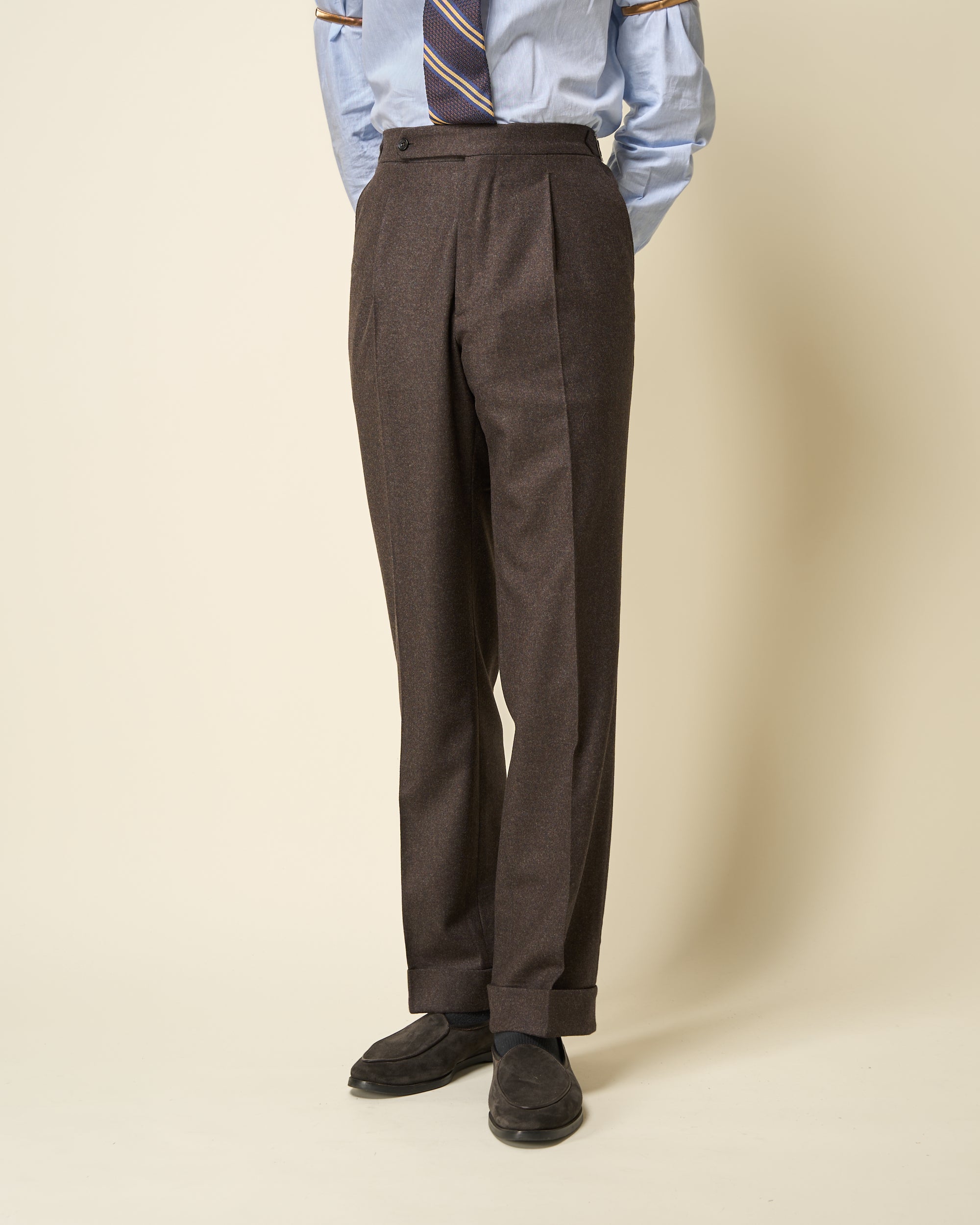 Classic Pleated Trouser - Brown Woollen Flannel