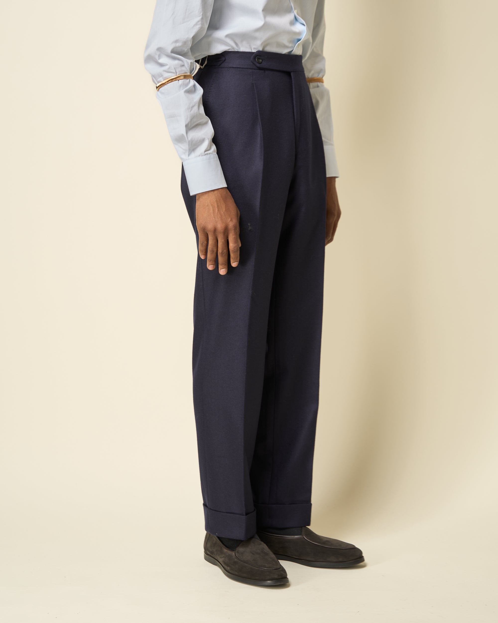 Relaxed Pleated Trouser - Navy Woollen Flannel