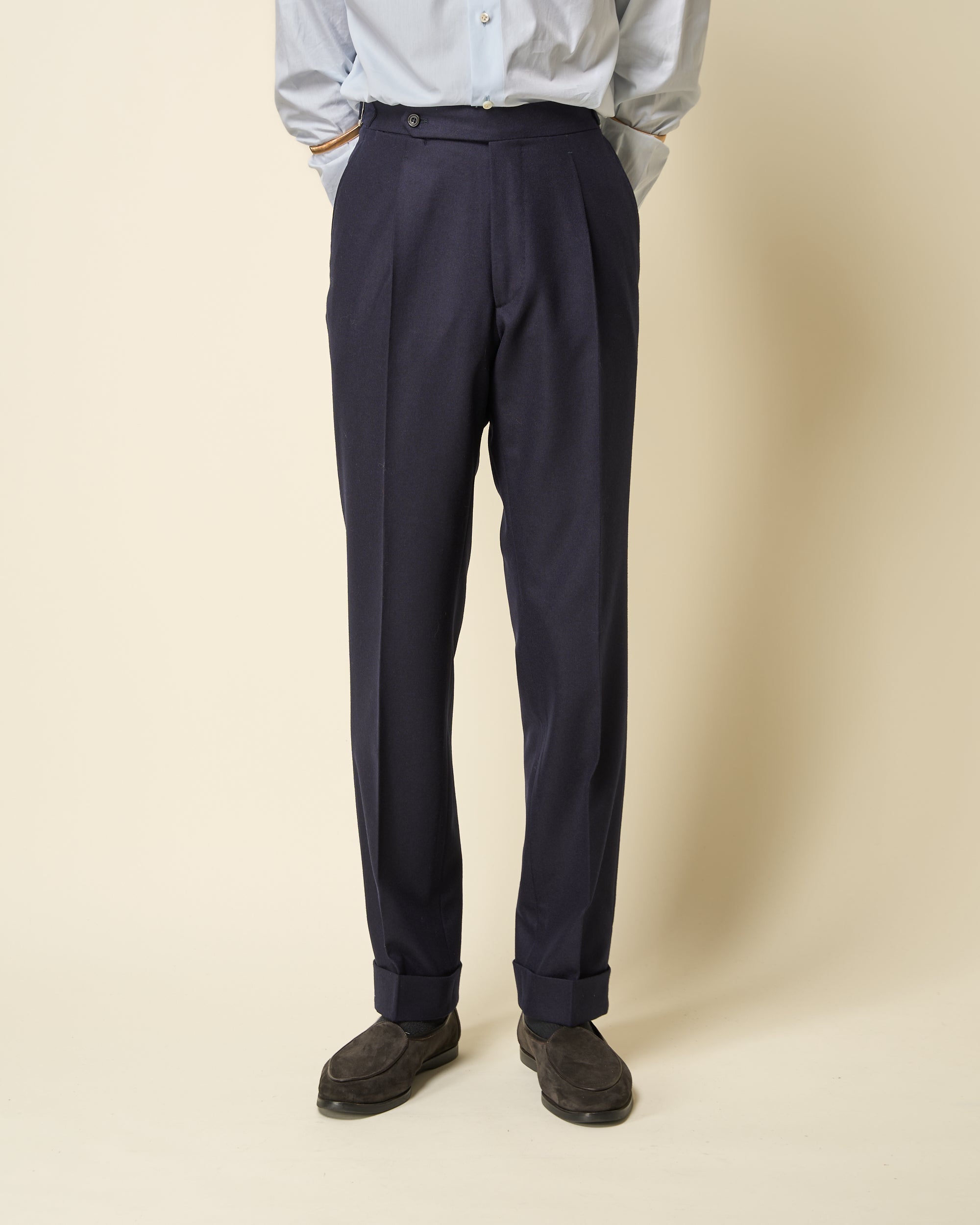Classic Pleated Trouser - Navy Woollen Flannel