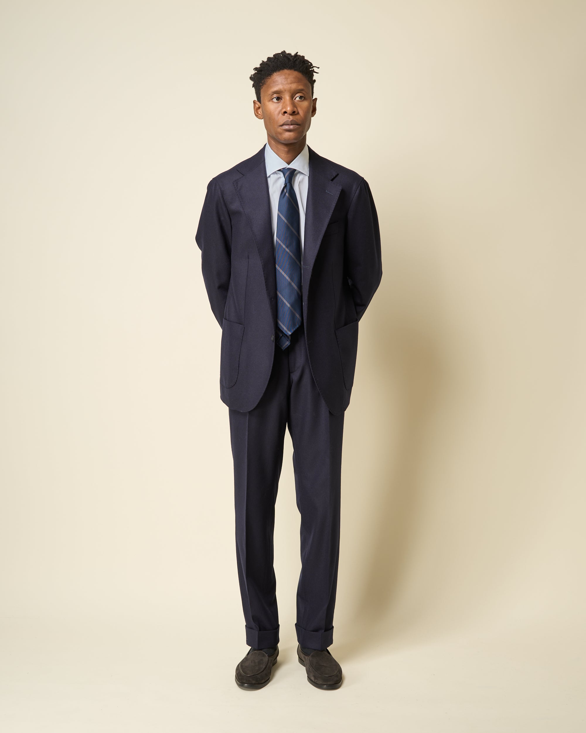 Classic Pleated Trouser - Navy Woollen Flannel