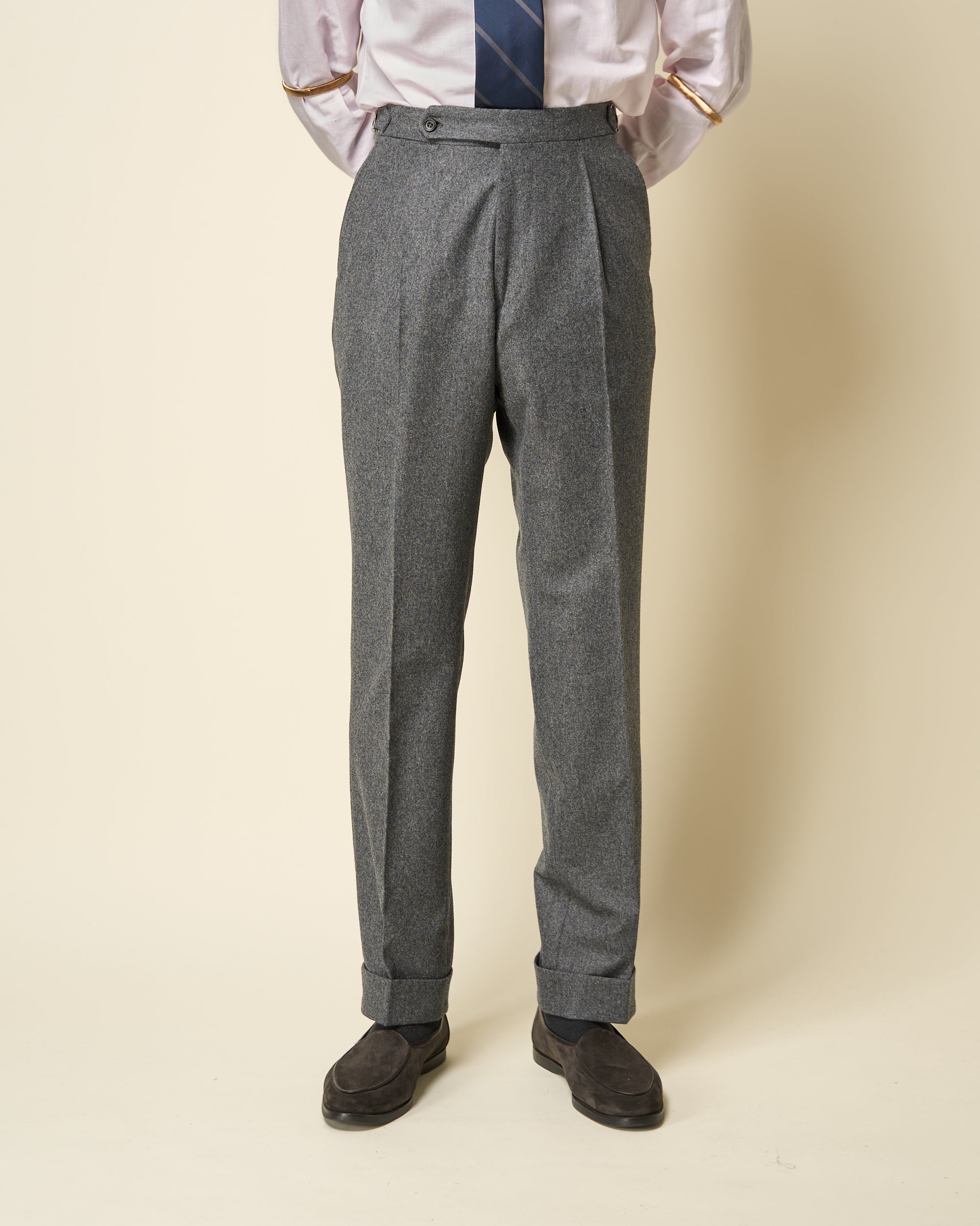 Classic Pleated Trouser - Mid Grey Woollen Flannel
