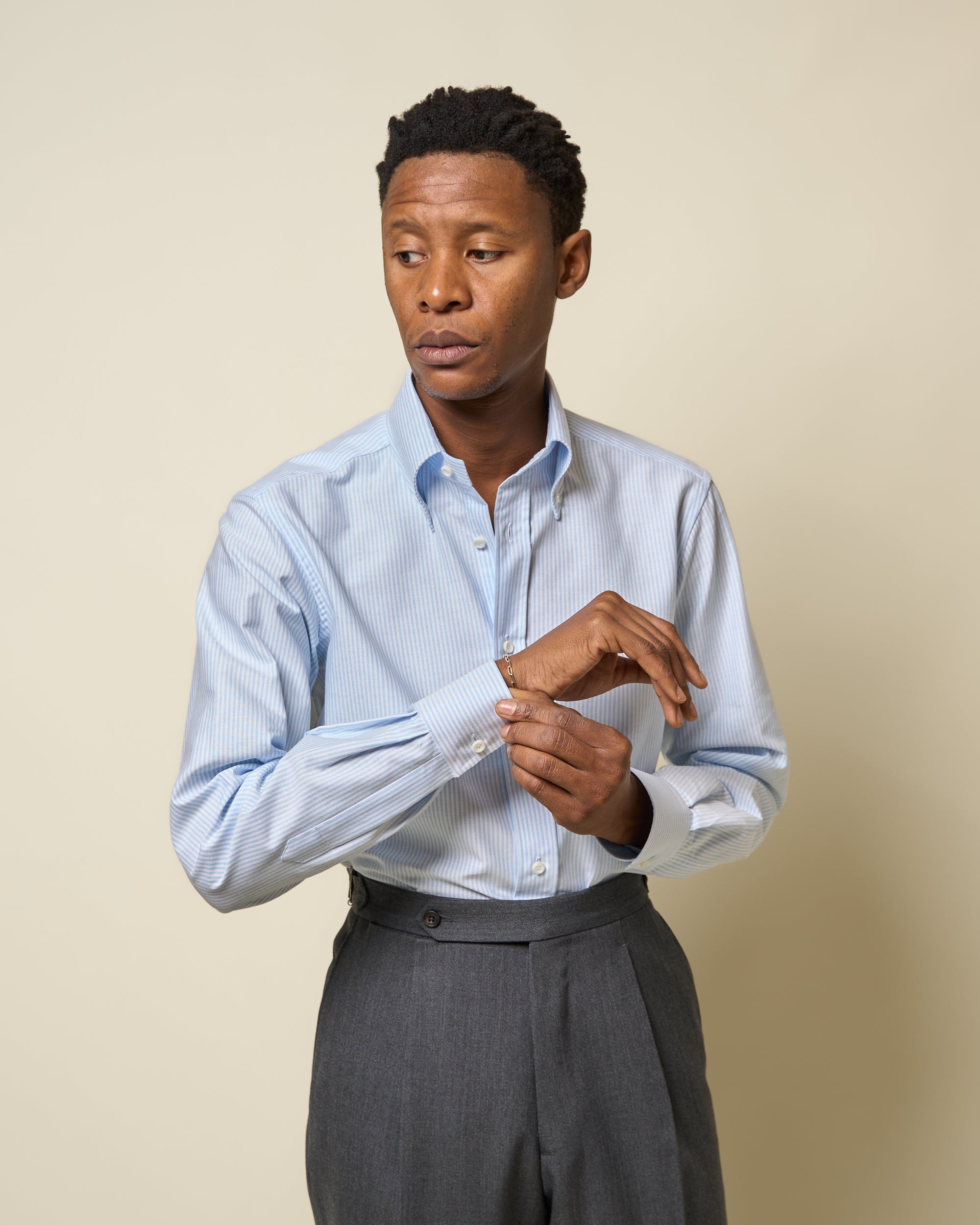 Button Down Collar Shirt - Blue Stripe Oxford Cotton
