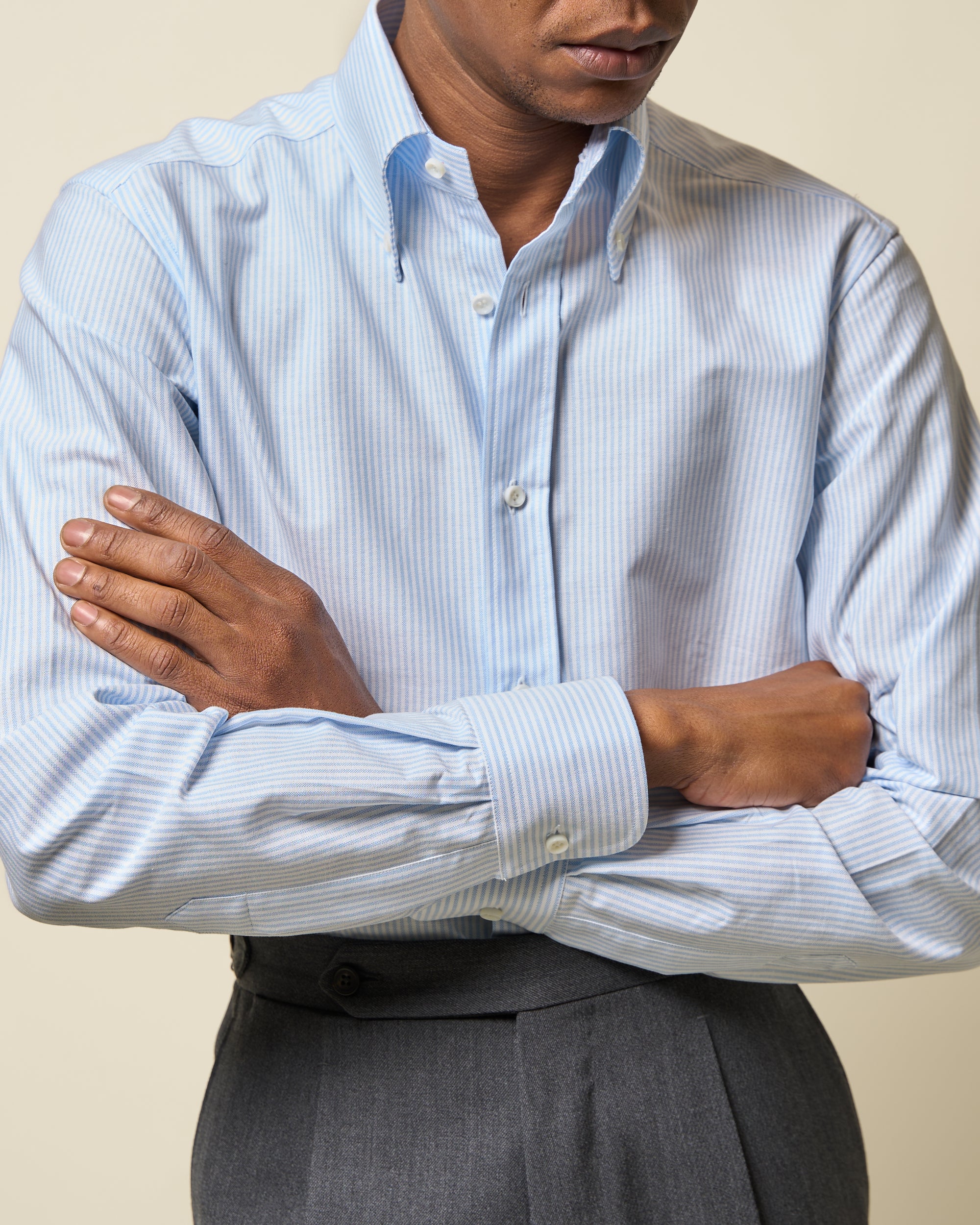 Button Down Collar Shirt - Blue Stripe Oxford Cotton