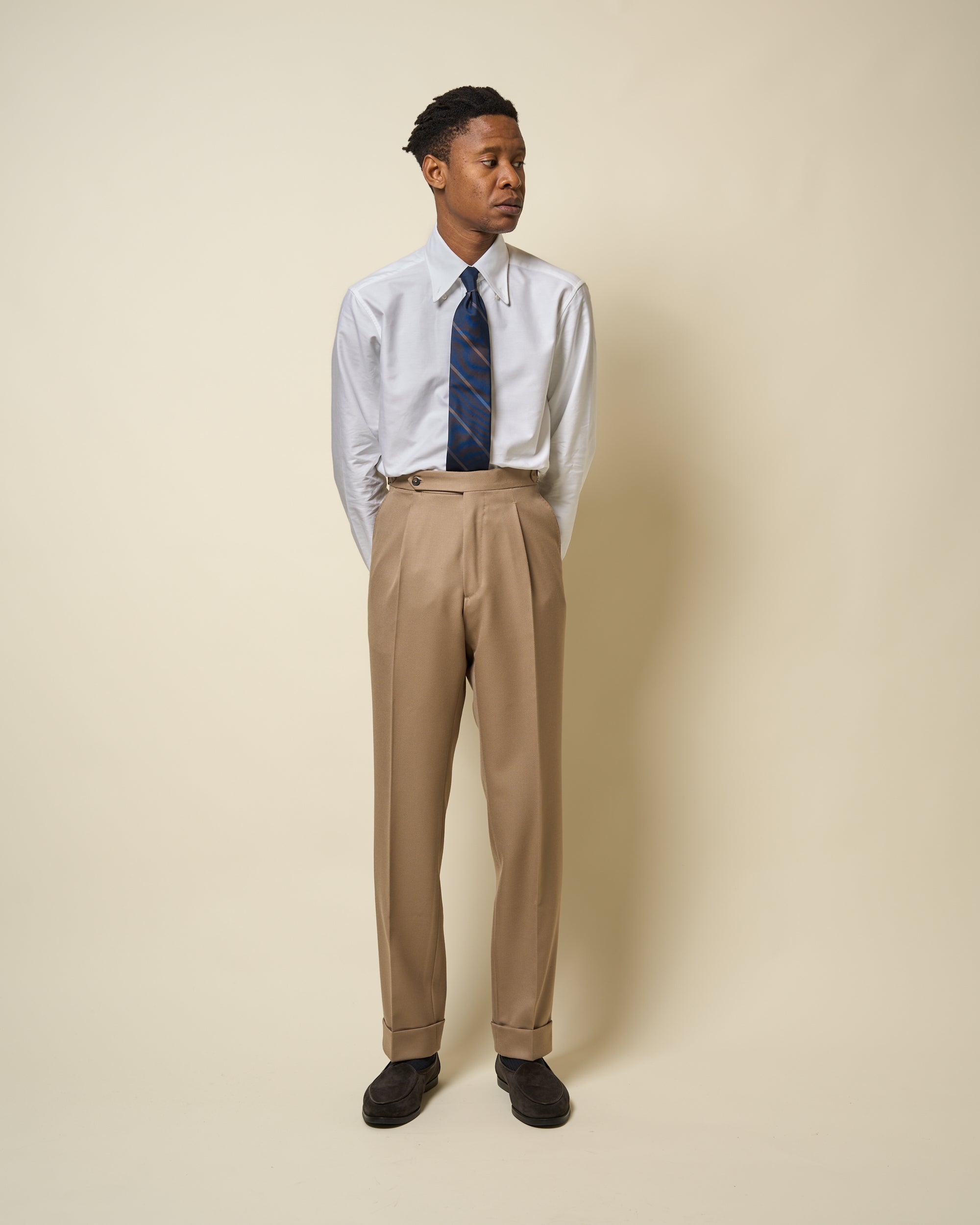 Classic Pleated Trouser - Beige Wool Cavalry Twill