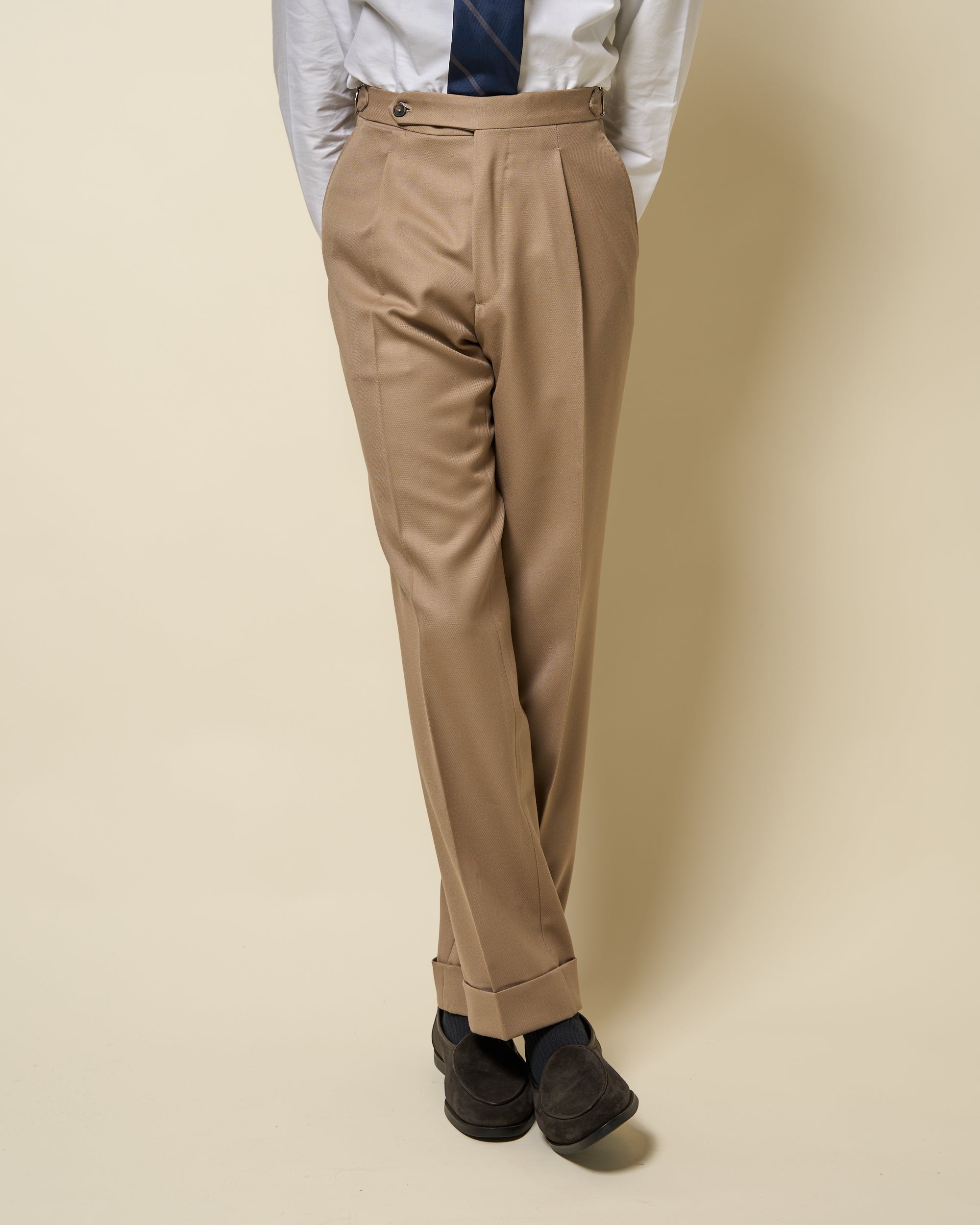 Classic Pleated Trouser - Beige Wool Cavalry Twill