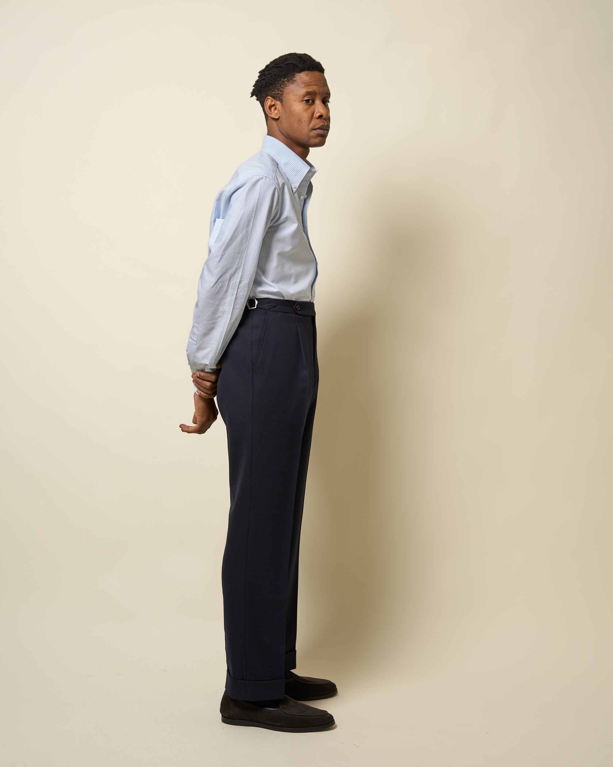 Relaxed Pleated Trouser - Navy Wool Cavalry Twill