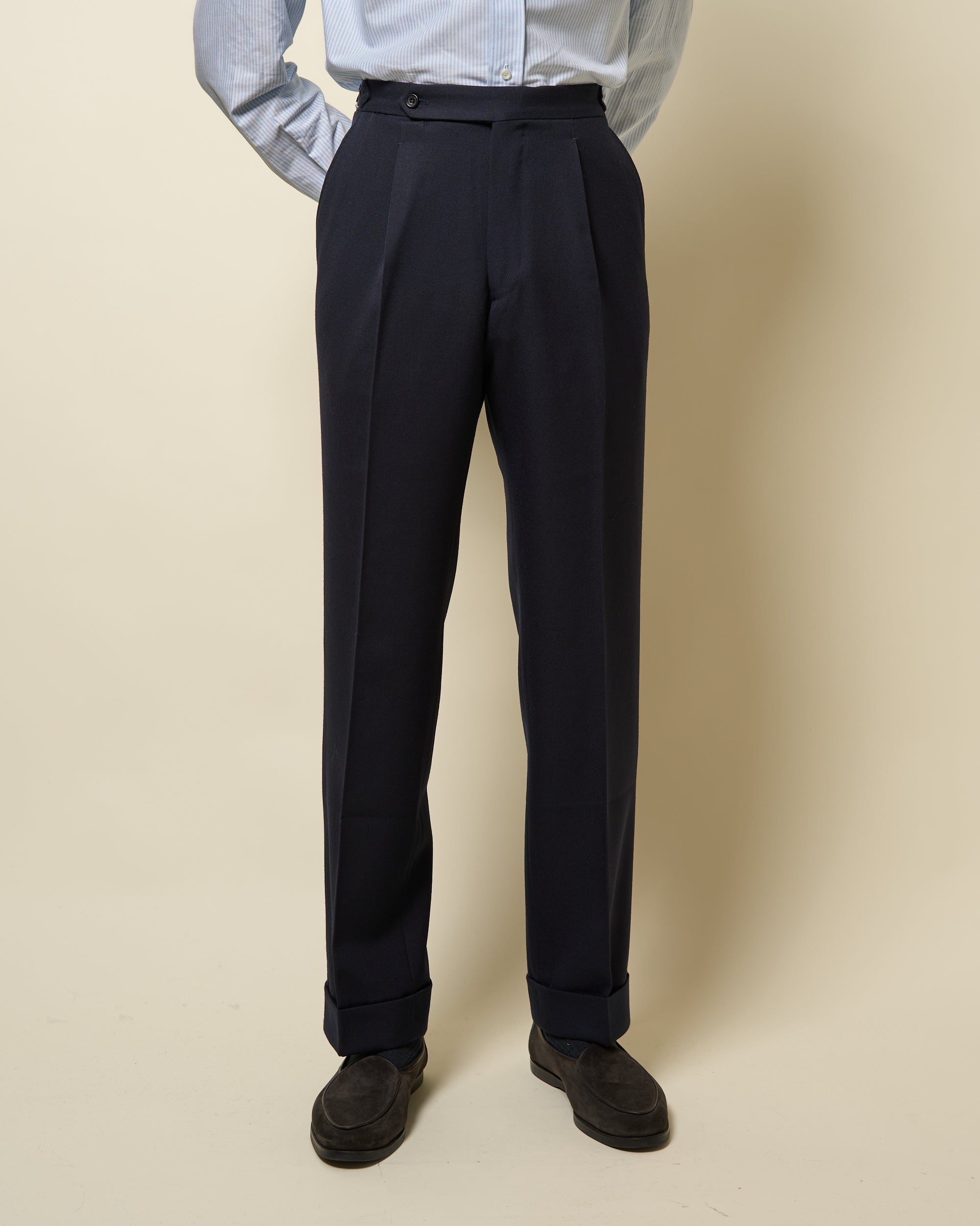 Relaxed Pleated Trouser - Navy Wool Cavalry Twill