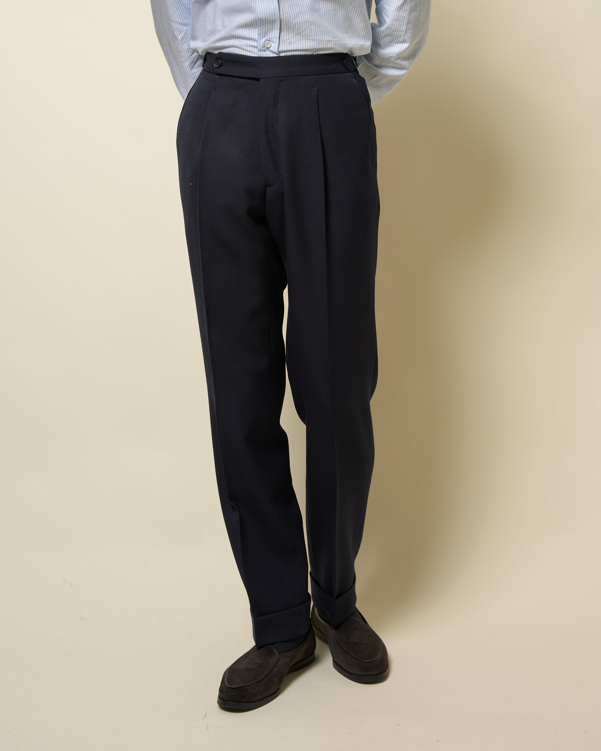 Classic Pleated Trouser - Navy Wool Cavalry Twill