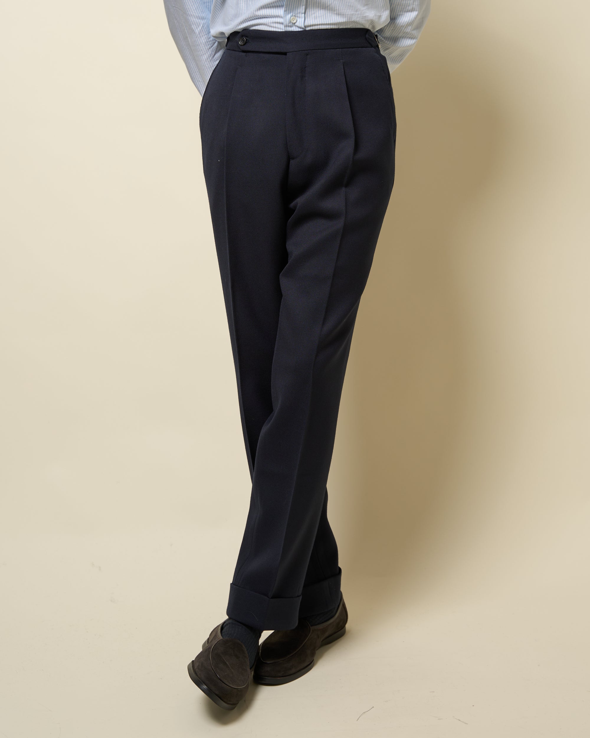 Classic Pleated Trouser - Navy Wool Cavalry Twill