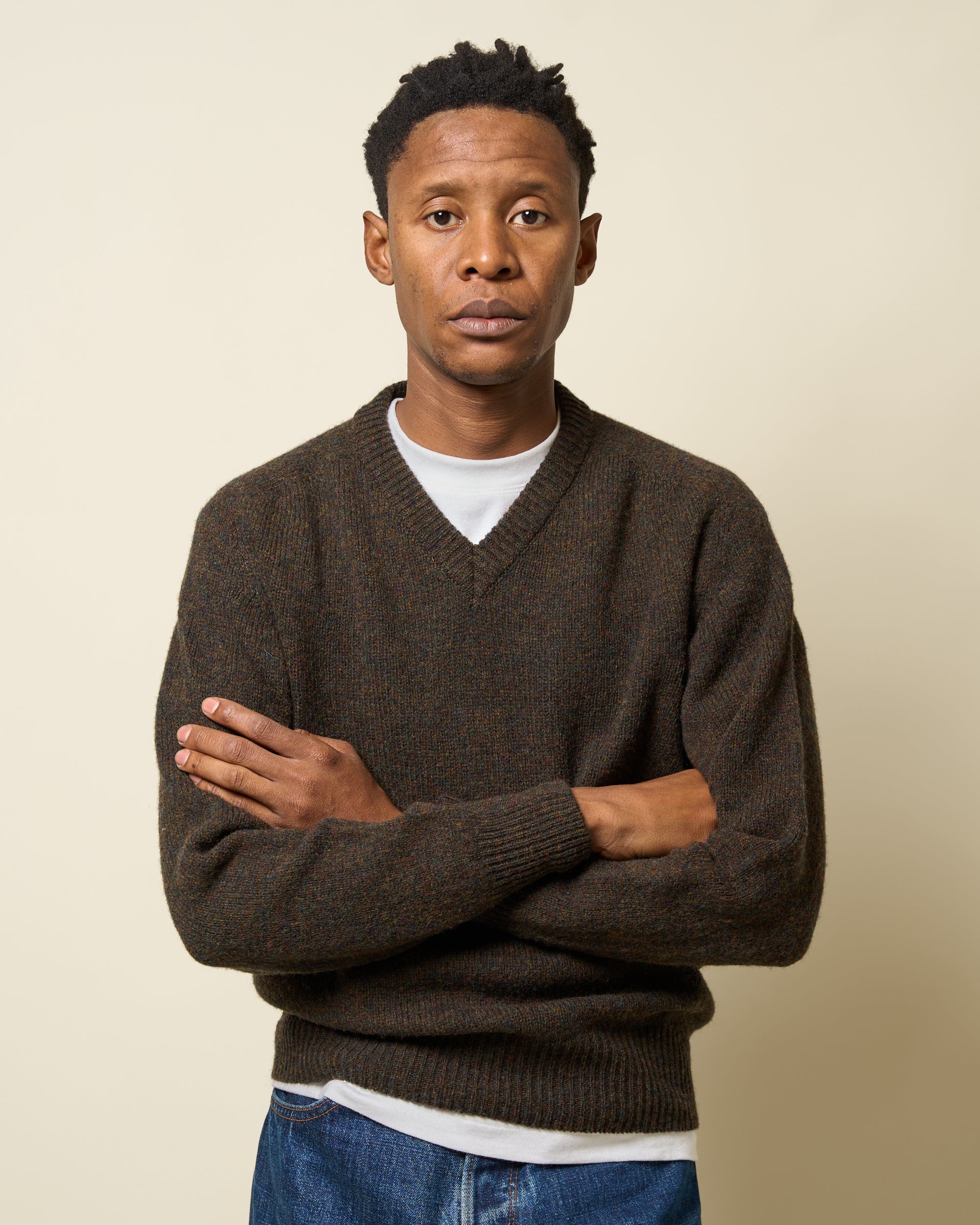 Shetland Wool V-Neck Sweater - Carob