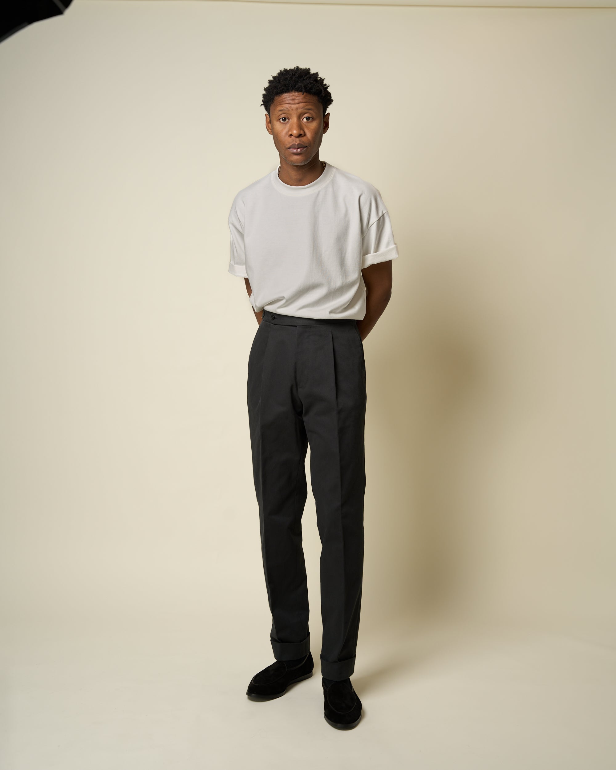 Classic Pleated Trouser - Black Brushed Cotton
