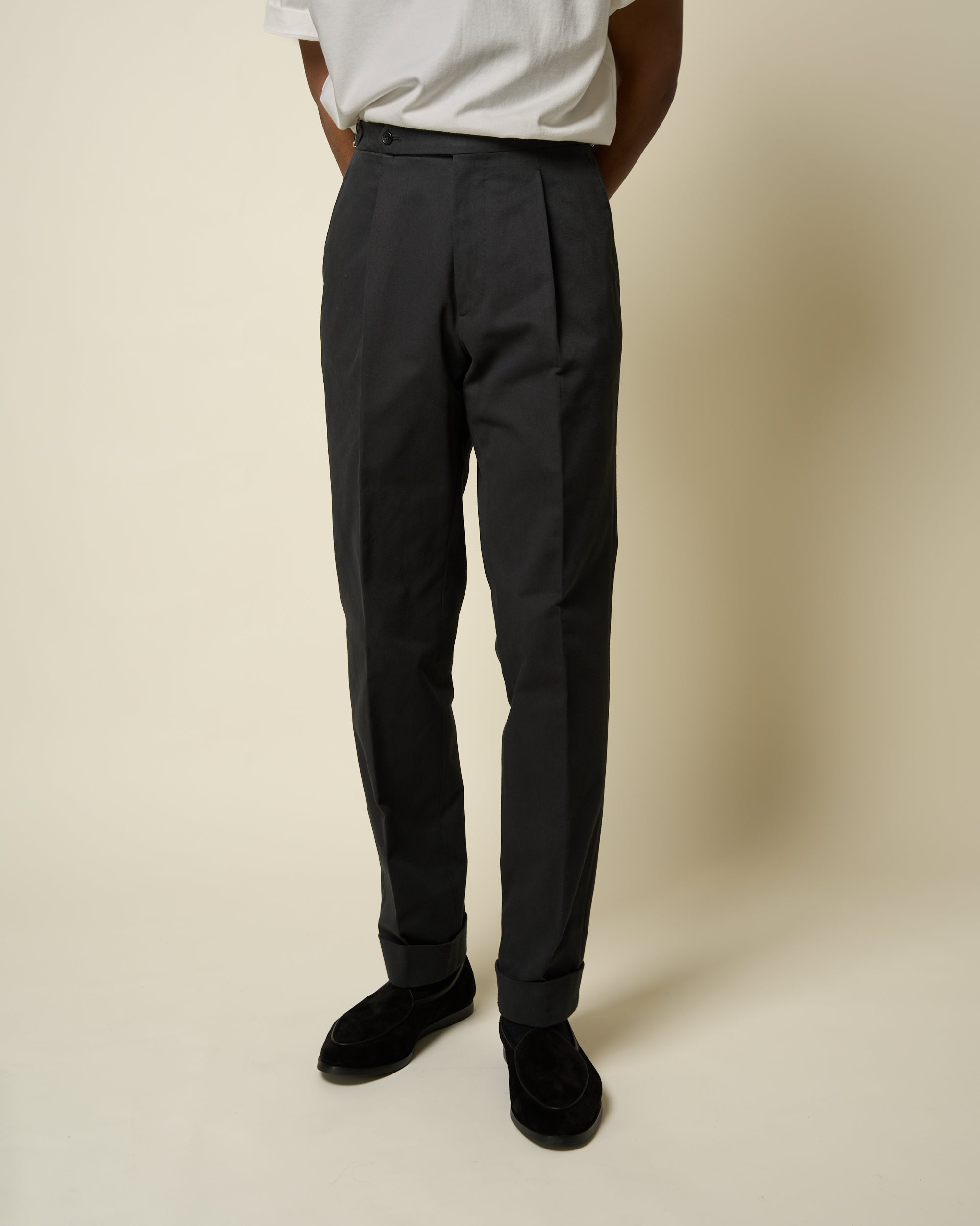 Classic Pleated Trouser - Black Brushed Cotton