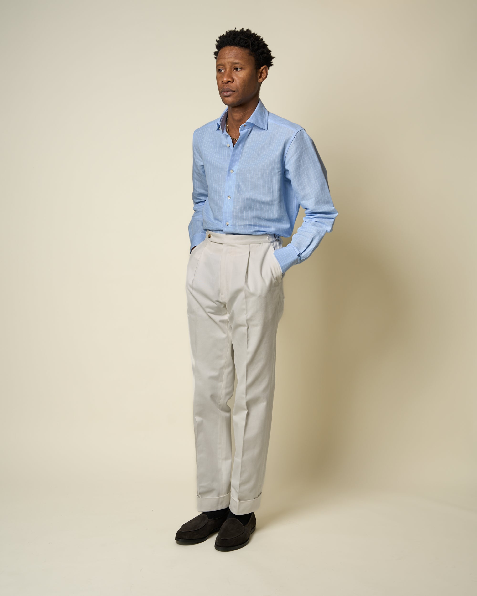 Classic Pleated Trouser - White Brushed Cotton
