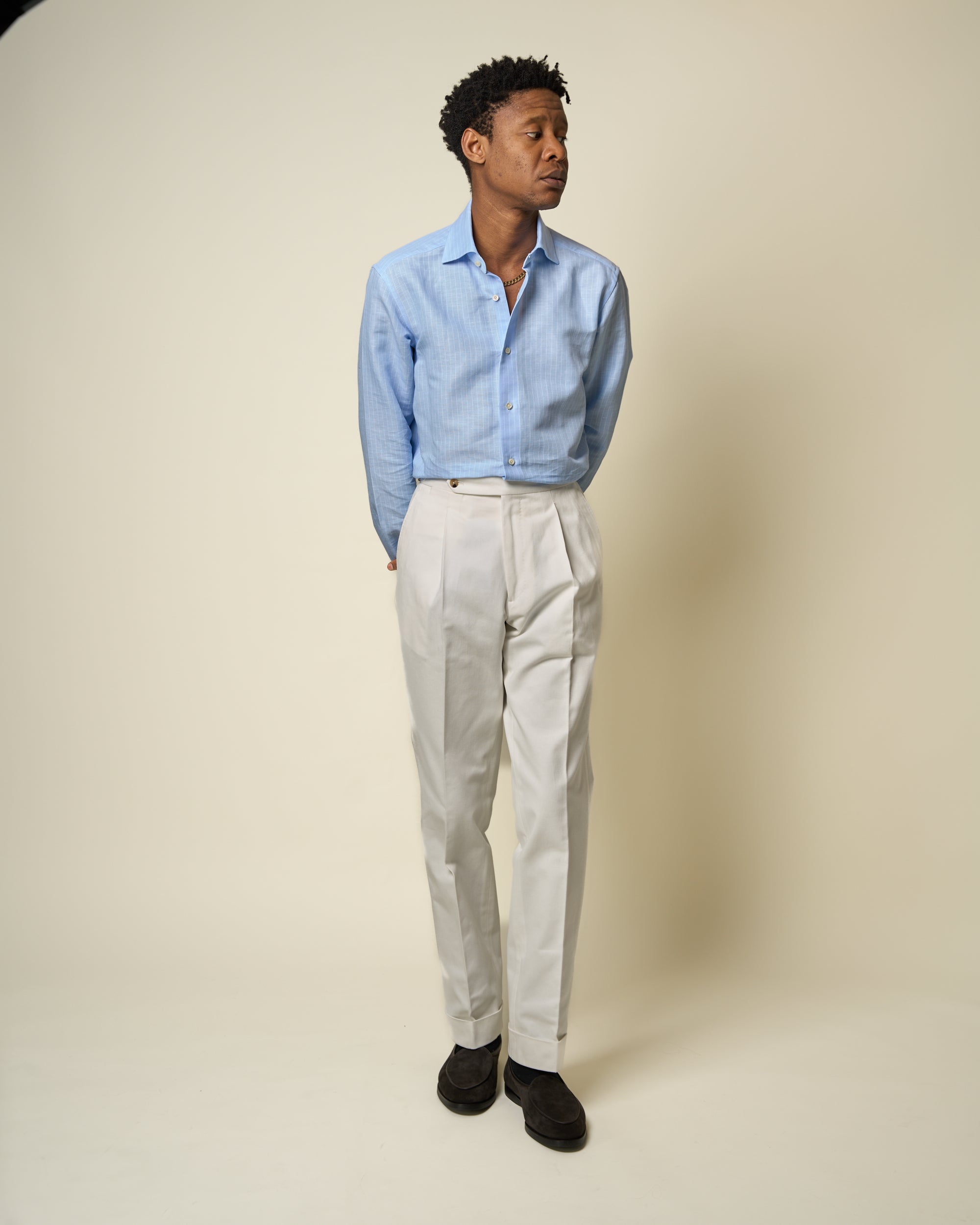 Spread Collar Shirt - Blue Pinstripe Cotton Linen