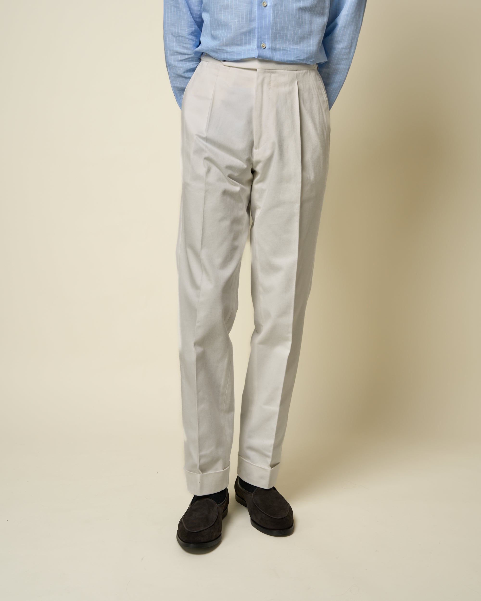 Classic Pleated Trouser - White Brushed Cotton
