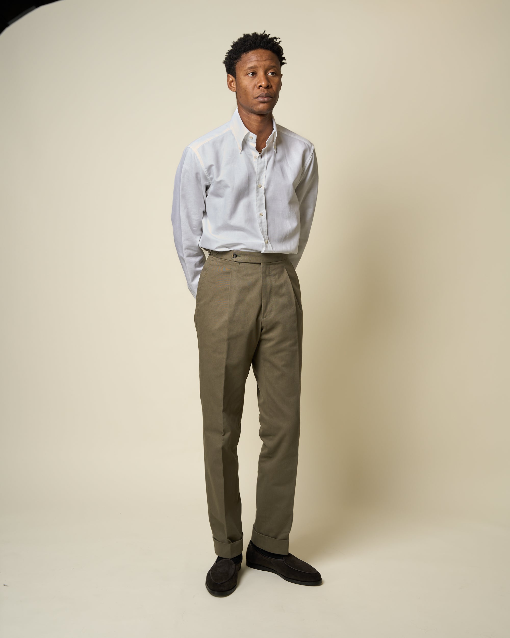 Classic Pleated Trouser - Olive Brushed Cotton