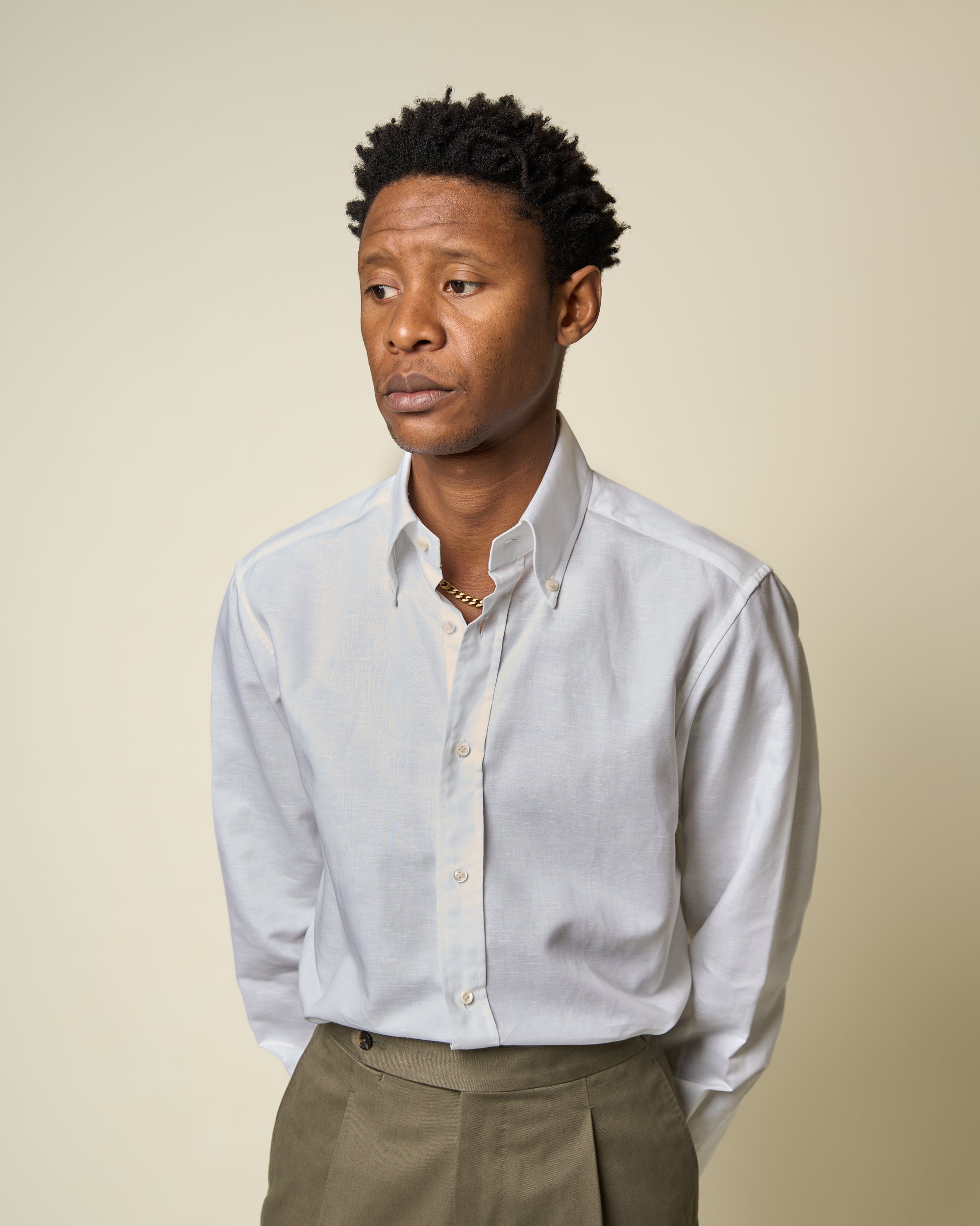 Button Down Collar Shirt - White Cotton Linen