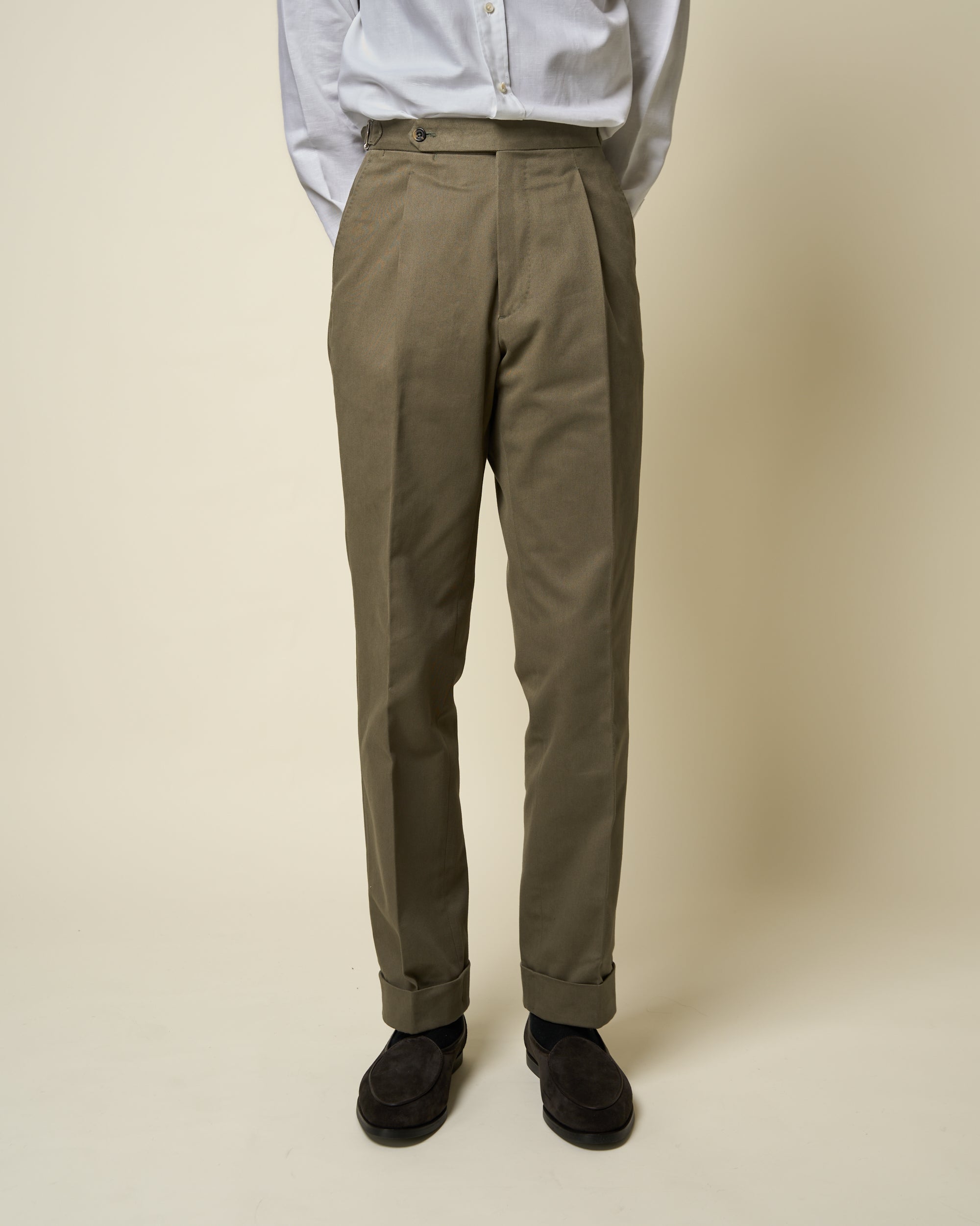 Classic Pleated Trouser - Olive Brushed Cotton