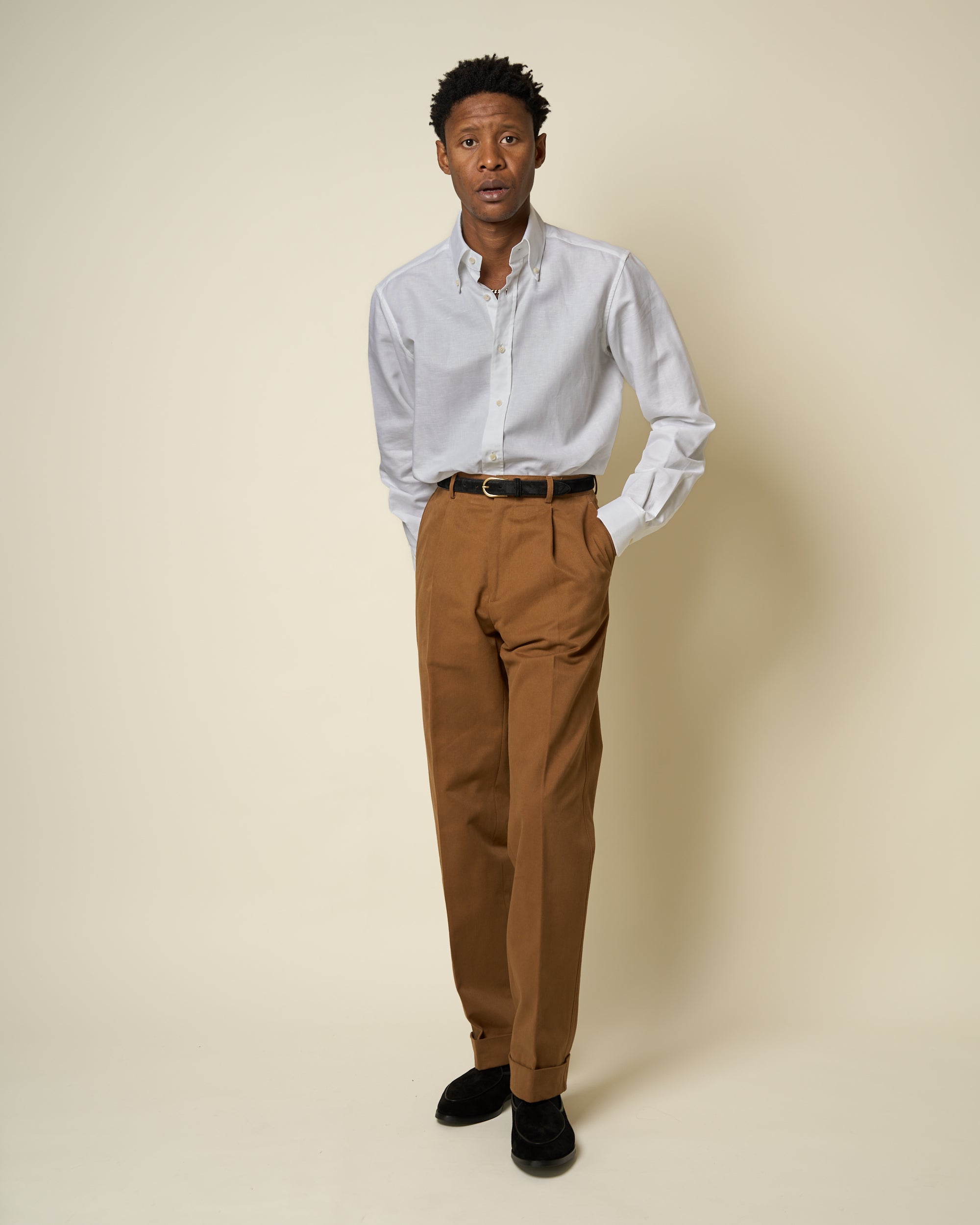 Casual Relaxed Pleated Trouser - Tan Brushed Cotton