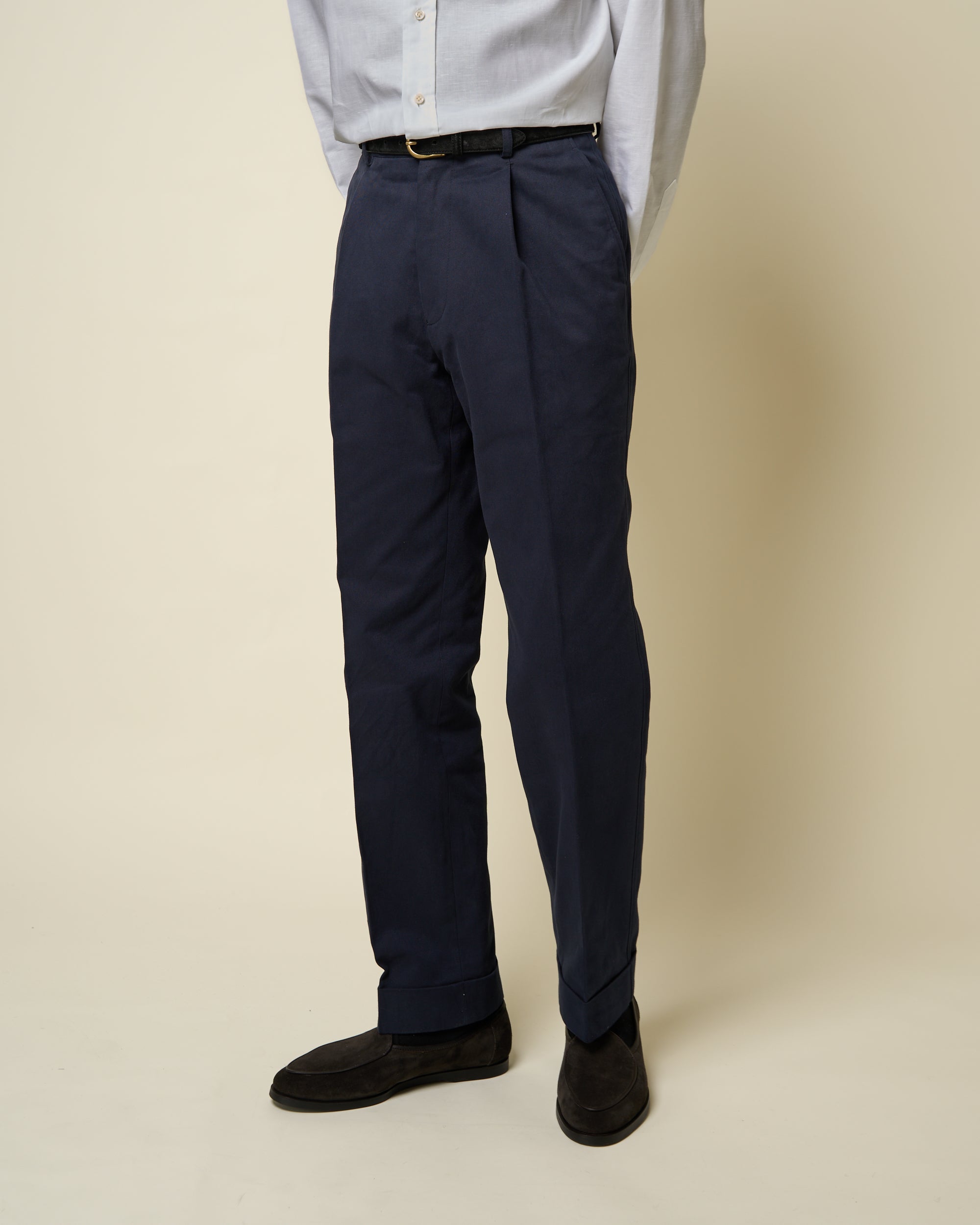 Casual Relaxed Pleated Trouser - Navy Brushed Cotton