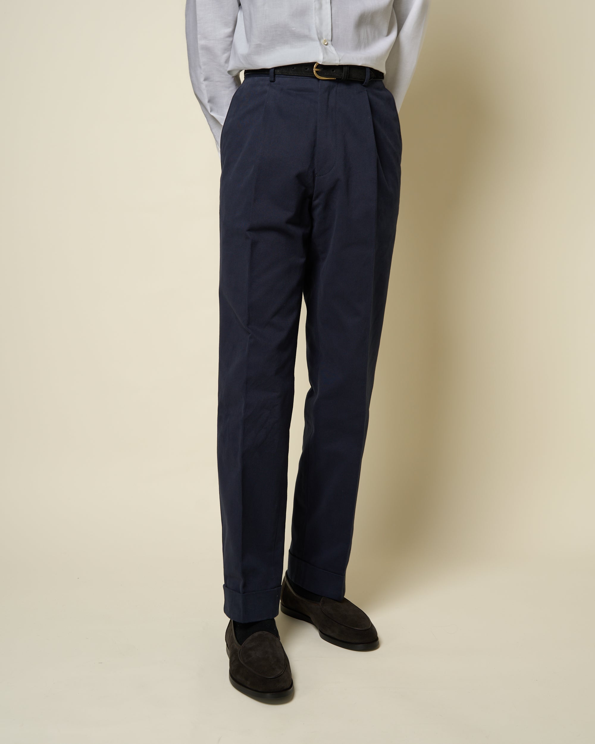Casual Relaxed Pleated Trouser - Navy Brushed Cotton