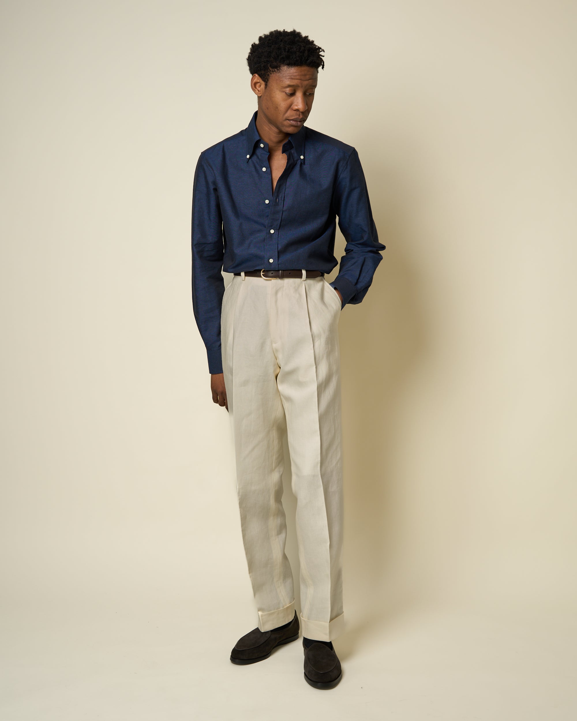 Casual Relaxed Pleated Trouser - Cream Linen