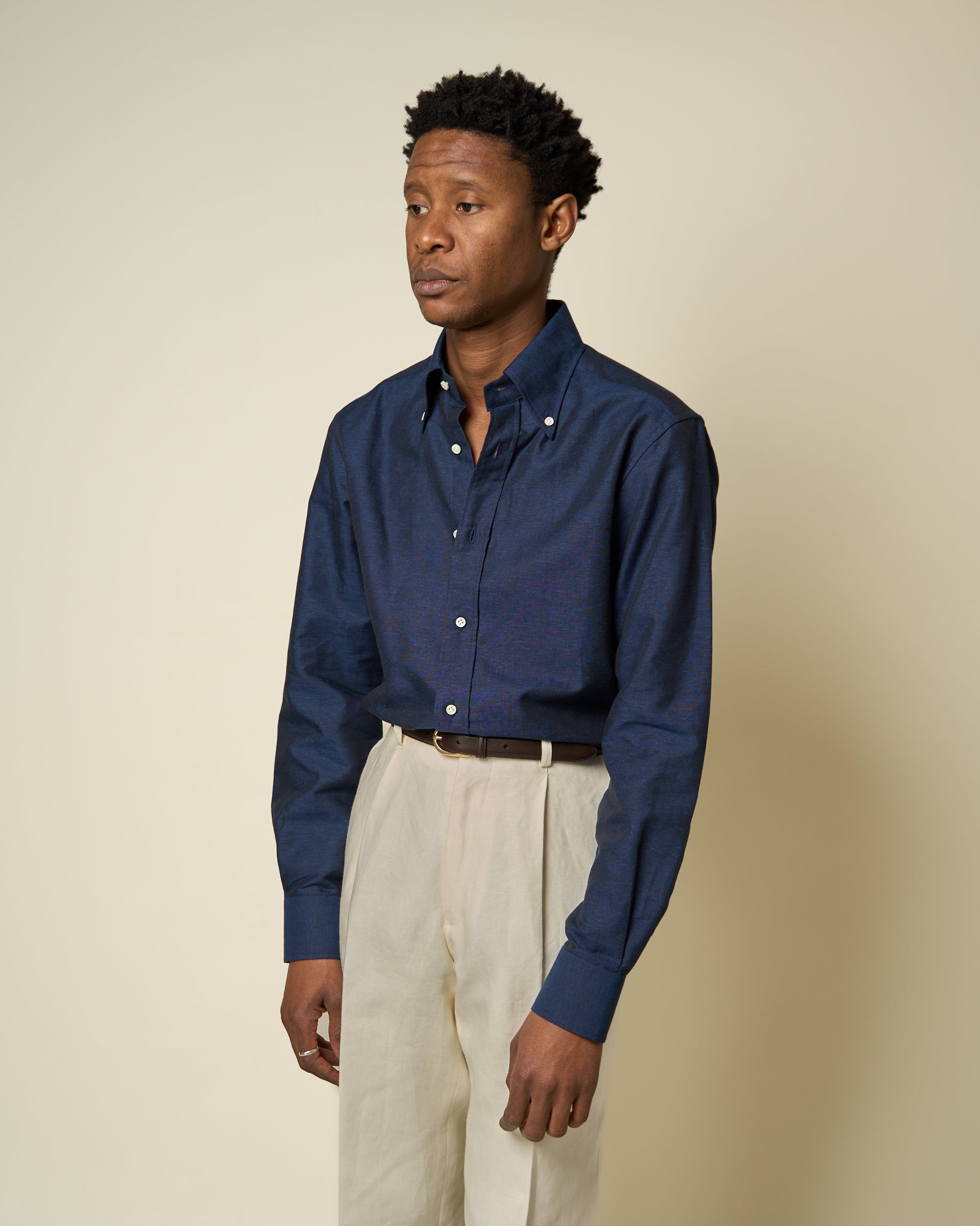 Button Down Collar Shirt - Indigo Cotton Linen