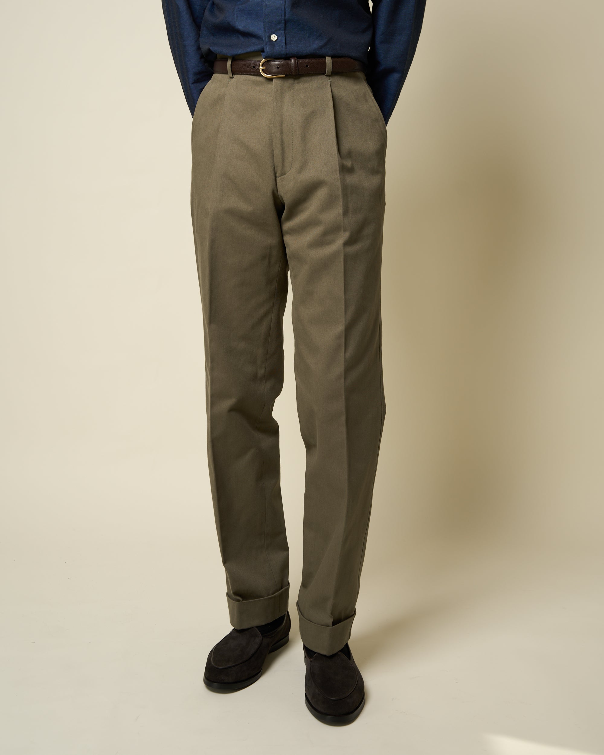 Casual Relaxed Pleated Trouser - Olive Brushed Cotton