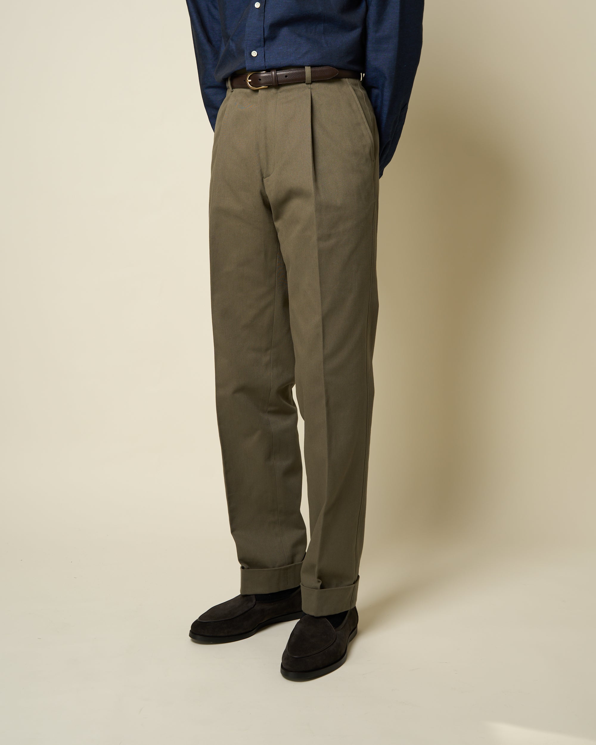 Casual Relaxed Pleated Trouser - Olive Brushed Cotton