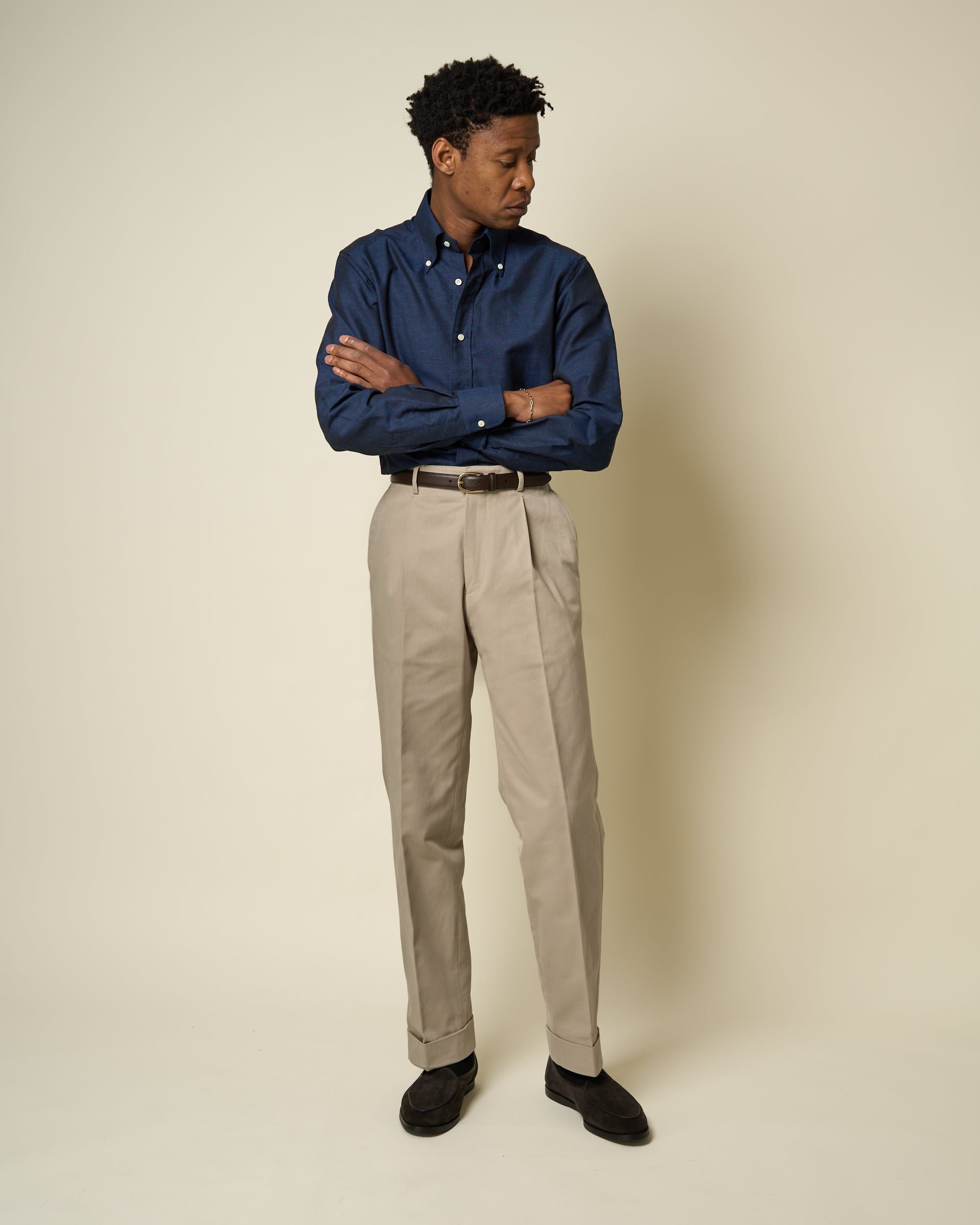 Casual Relaxed Pleated Trouser - Stone Brushed Cotton