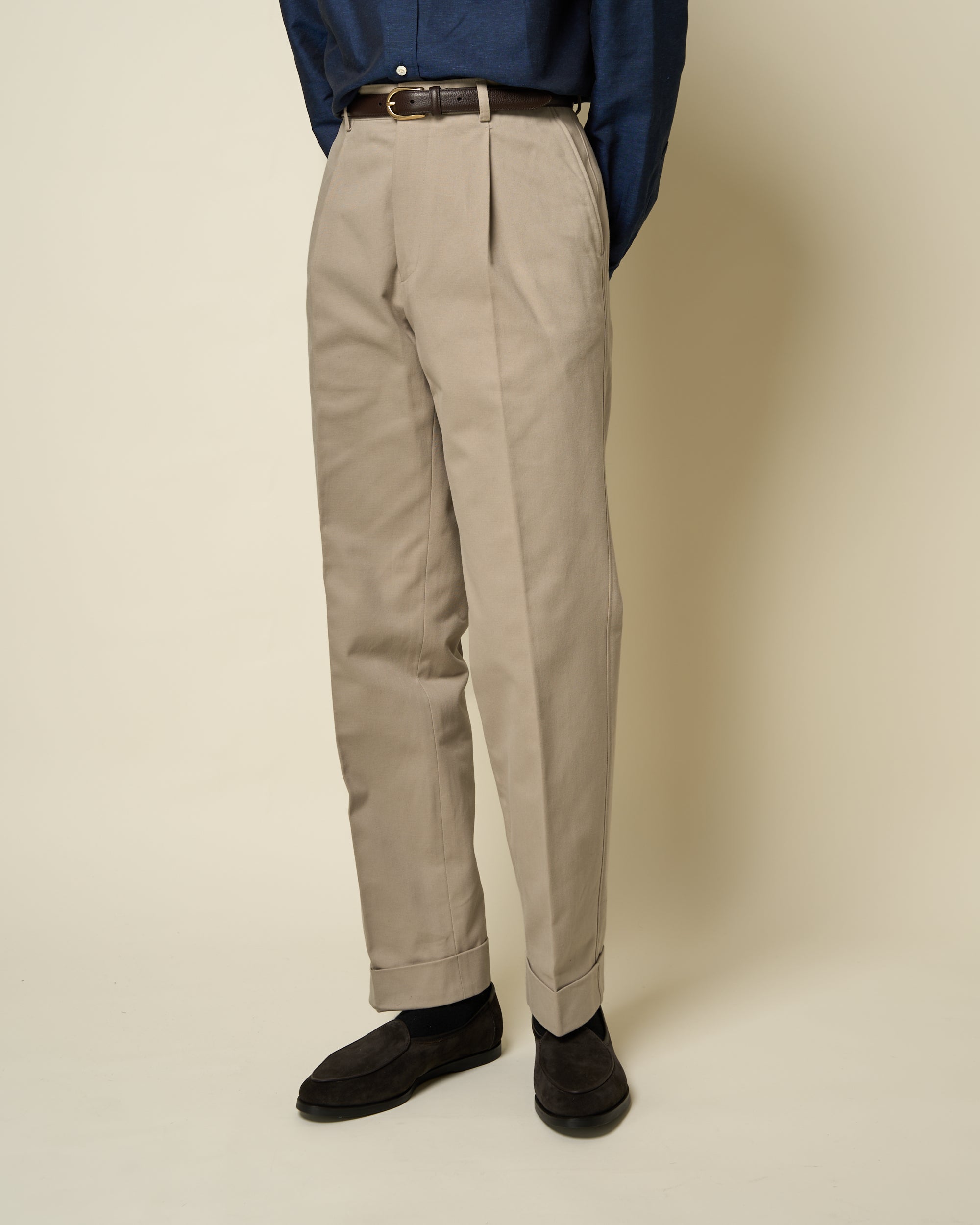 Casual Relaxed Pleated Trouser - Stone Brushed Cotton
