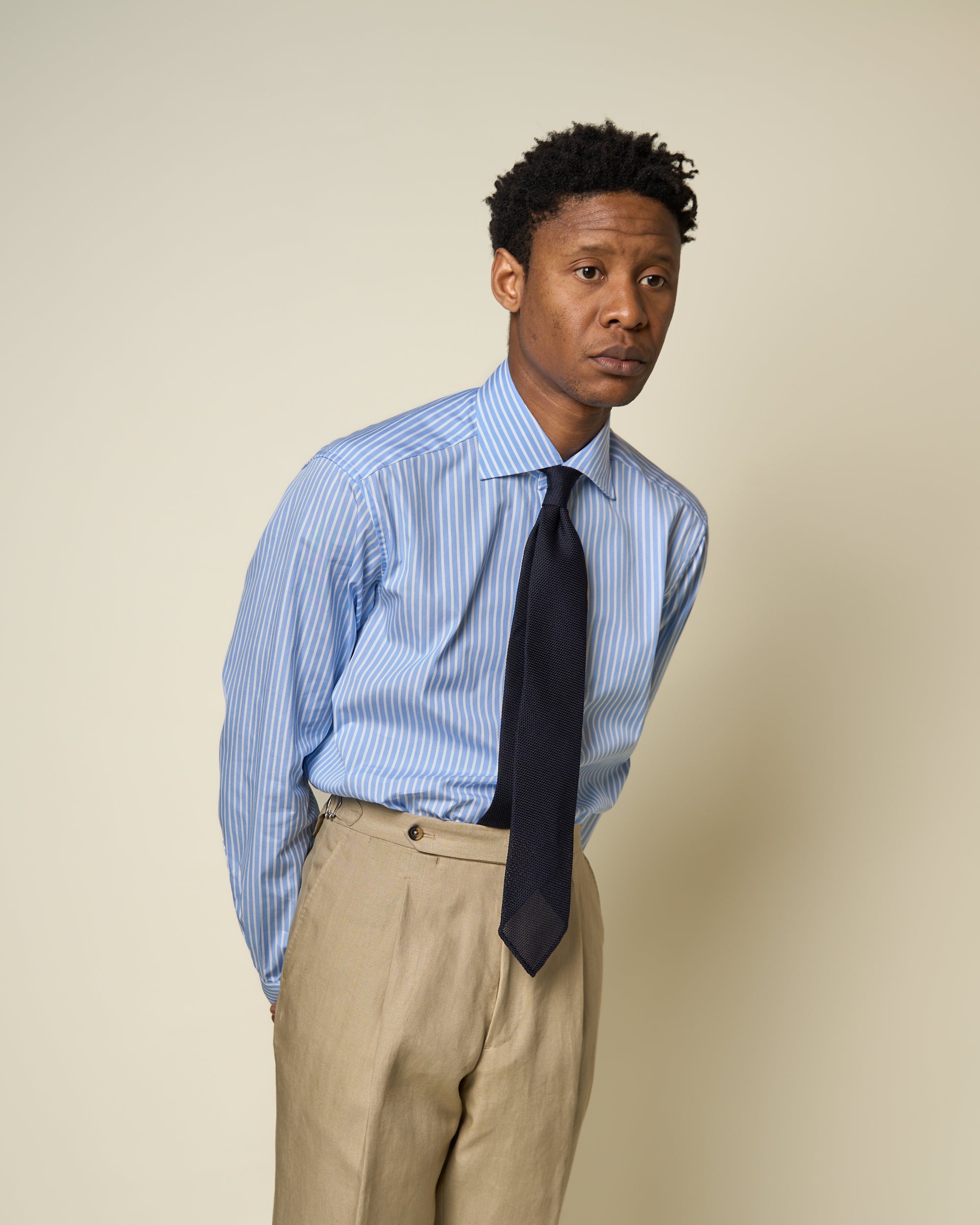 Spread Collar Shirt - Blue Bengal Stripe Cotton Poplin