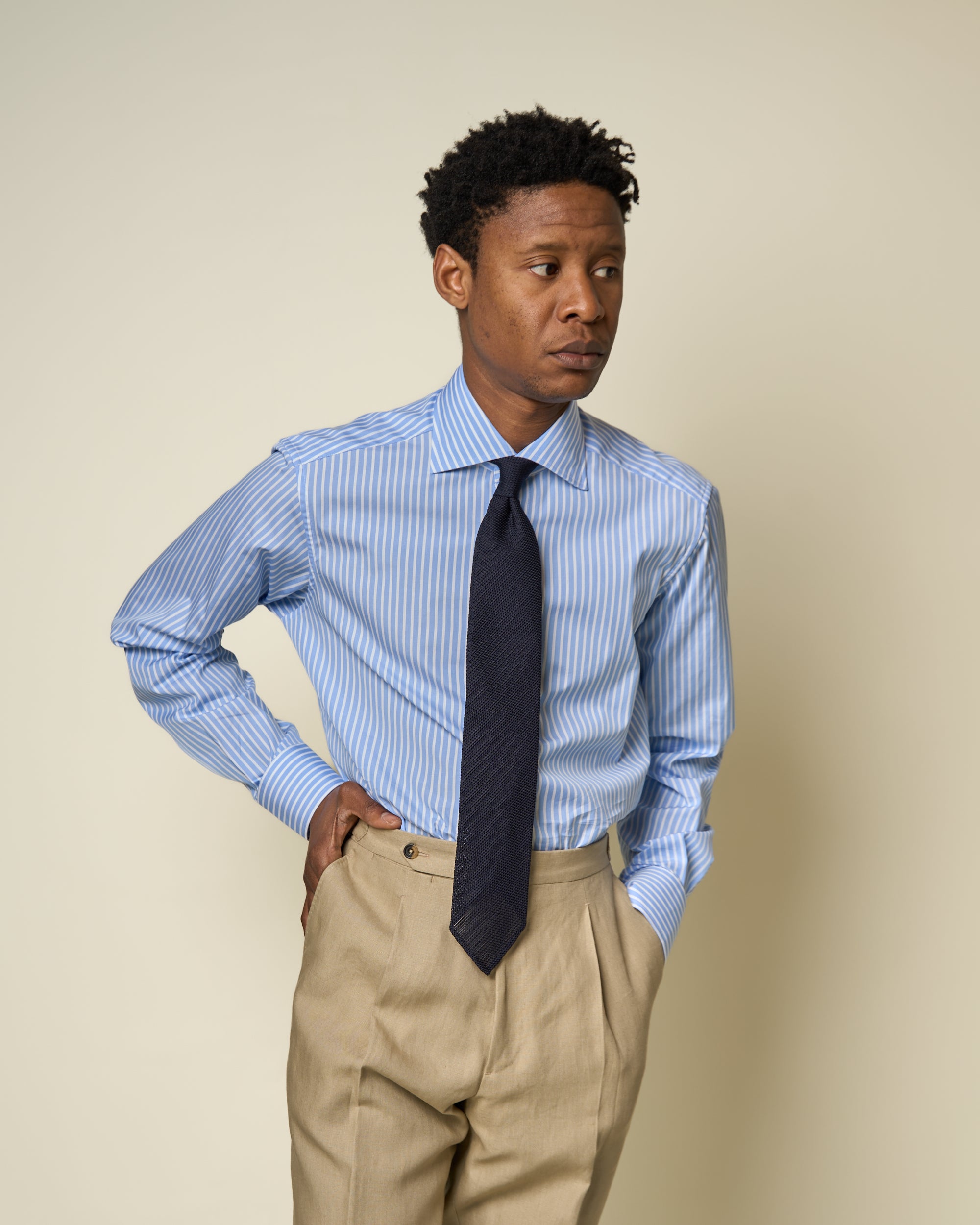 Spread Collar Shirt - Blue Bengal Stripe Cotton Poplin