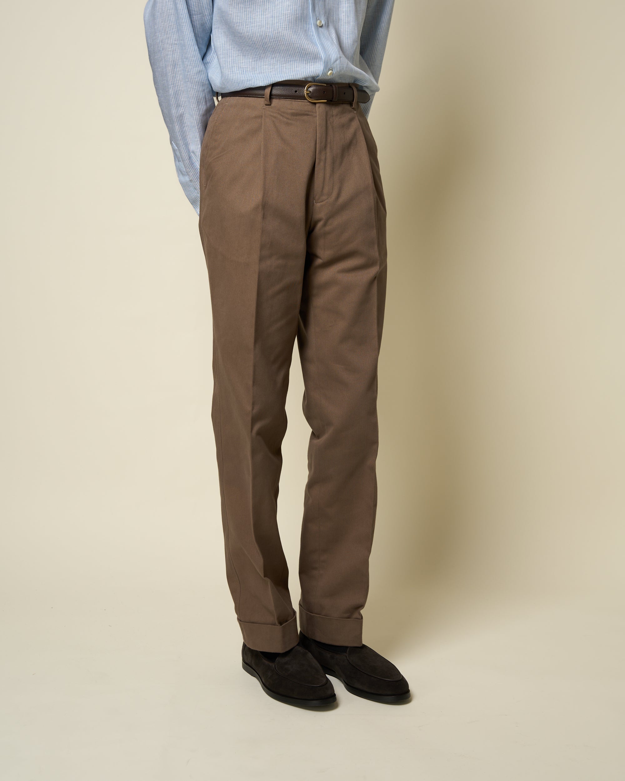Casual Relaxed Pleated Trouser - Tobacco Brushed Cotton