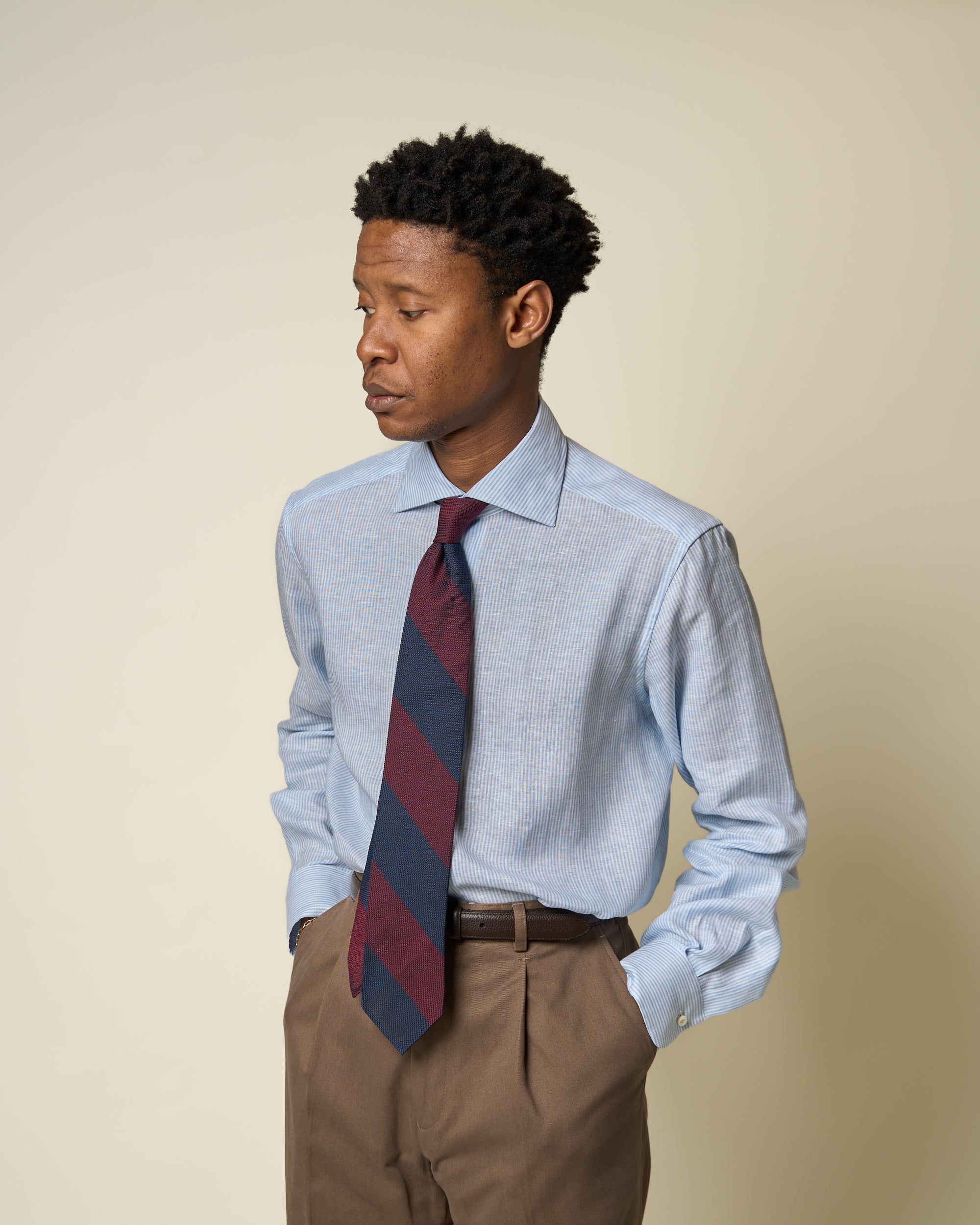 Spread Collar Shirt - Blue Stripe Linen
