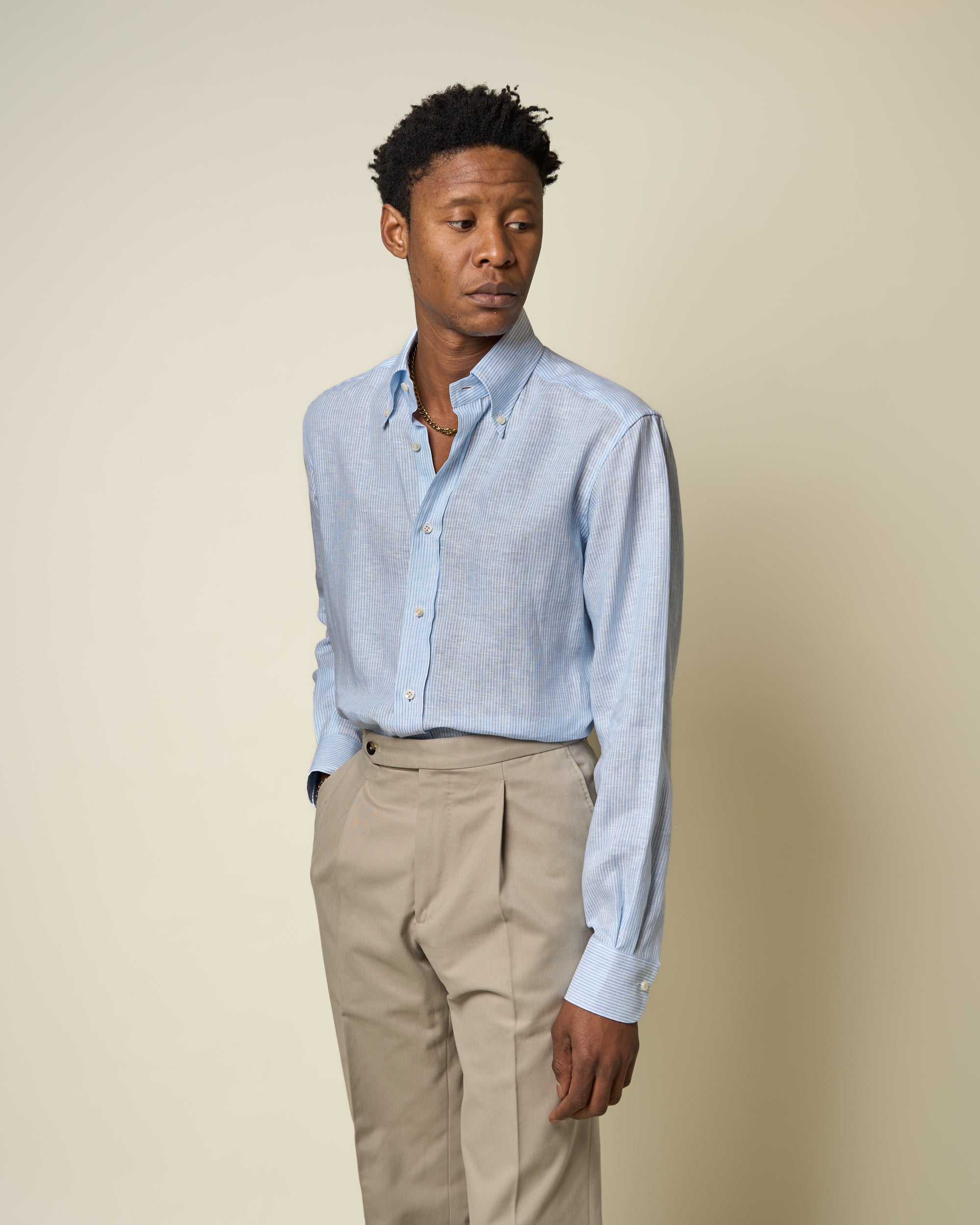 Button Down Collar Shirt - Blue Stripe Linen