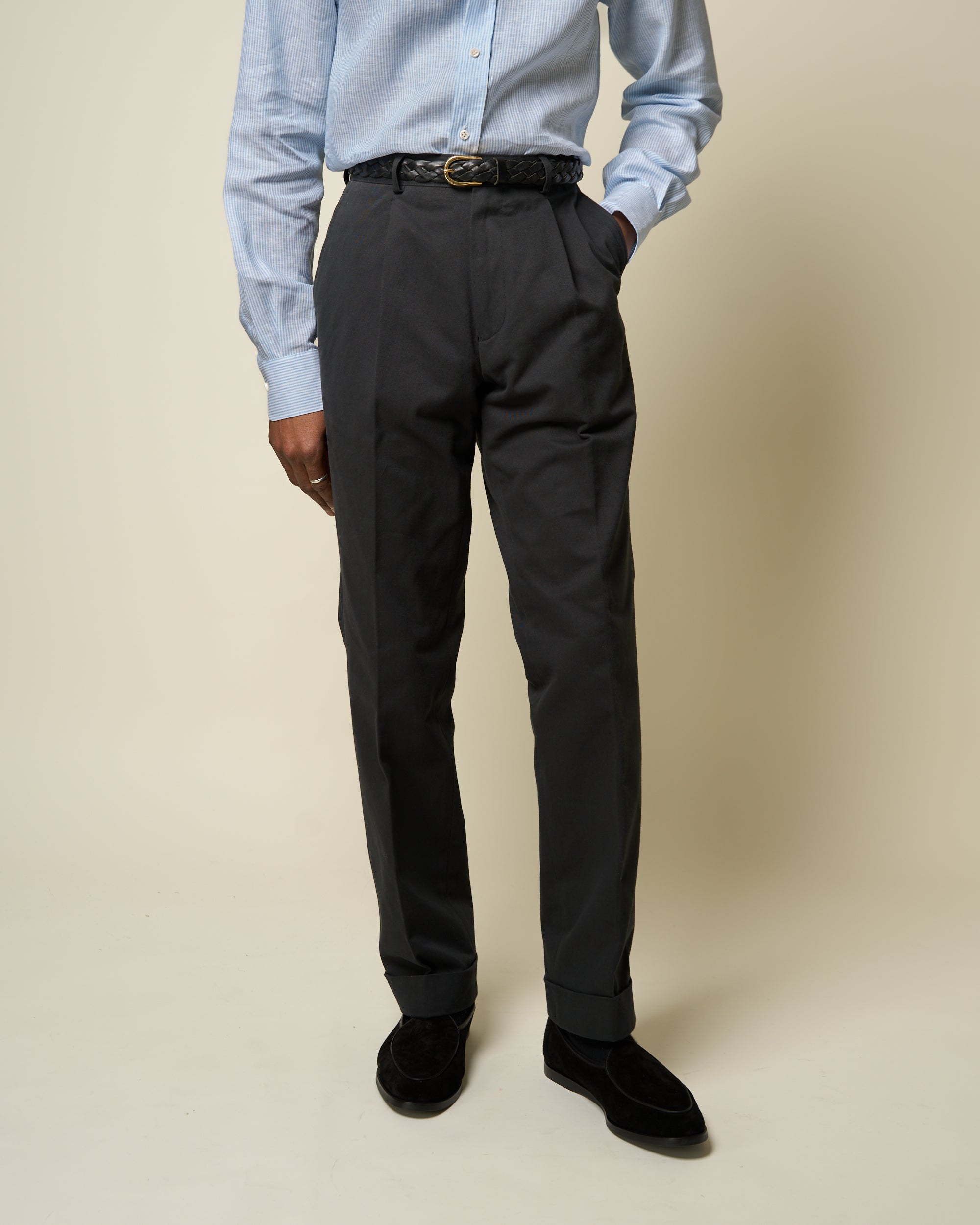 Casual Relaxed Pleated Trouser - Black Brushed Cotton