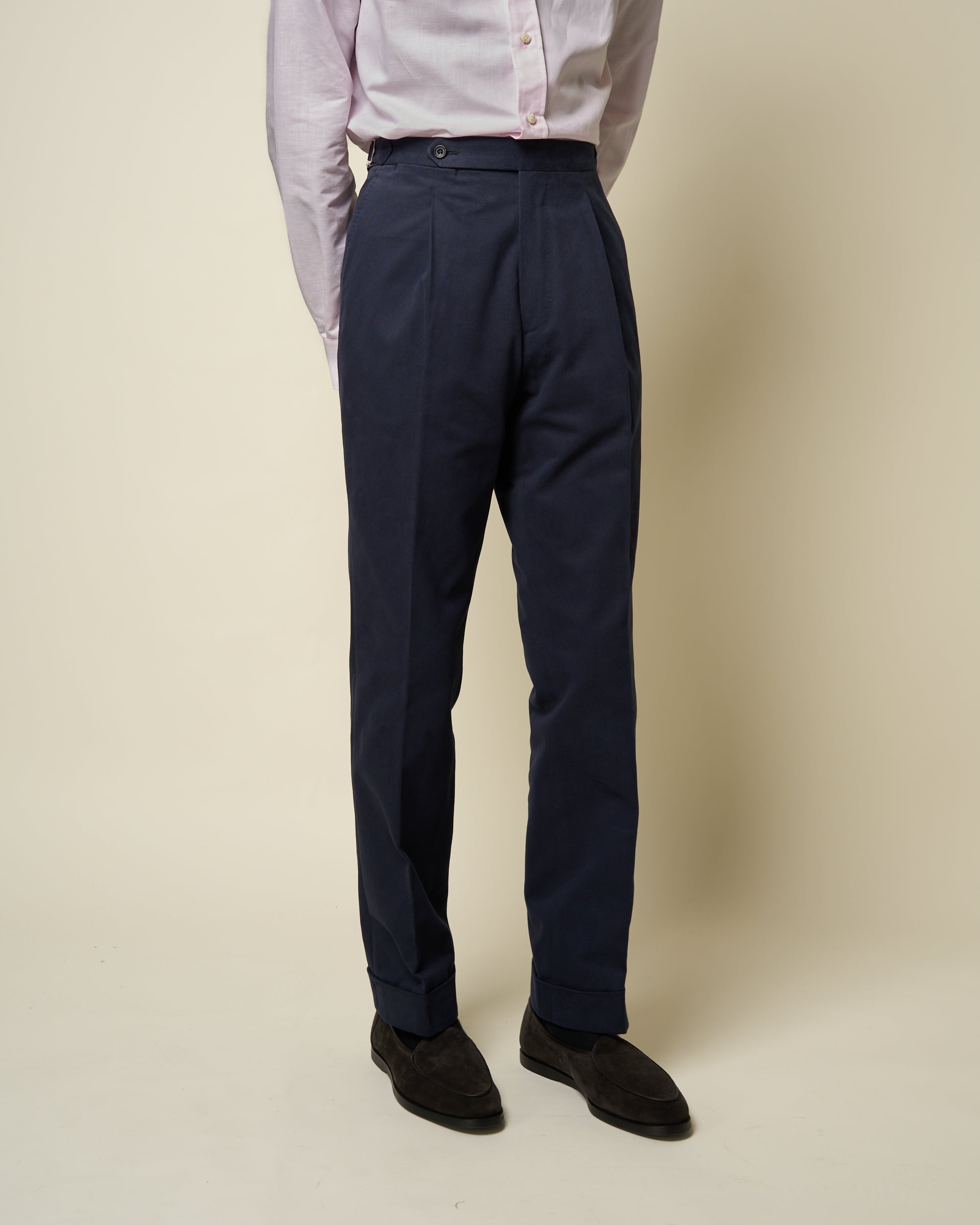 Classic Pleated Trouser - Navy Brushed Cotton