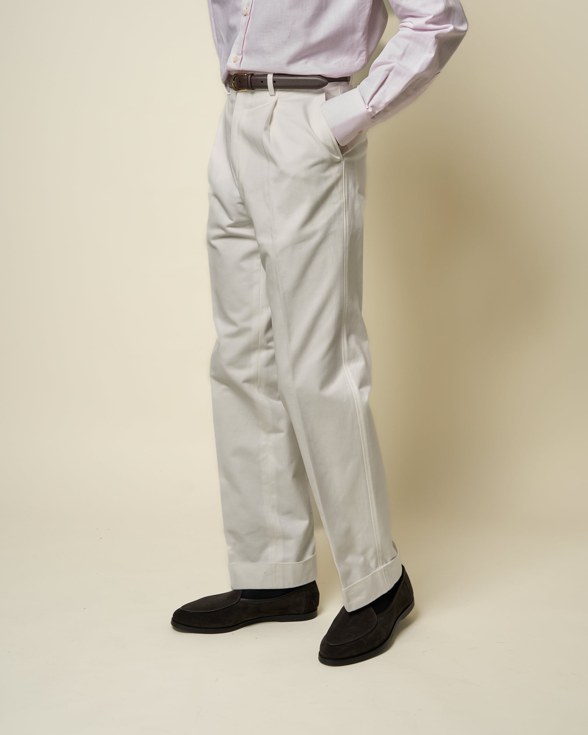 Casual Relaxed Pleated Trouser - White Brushed Cotton