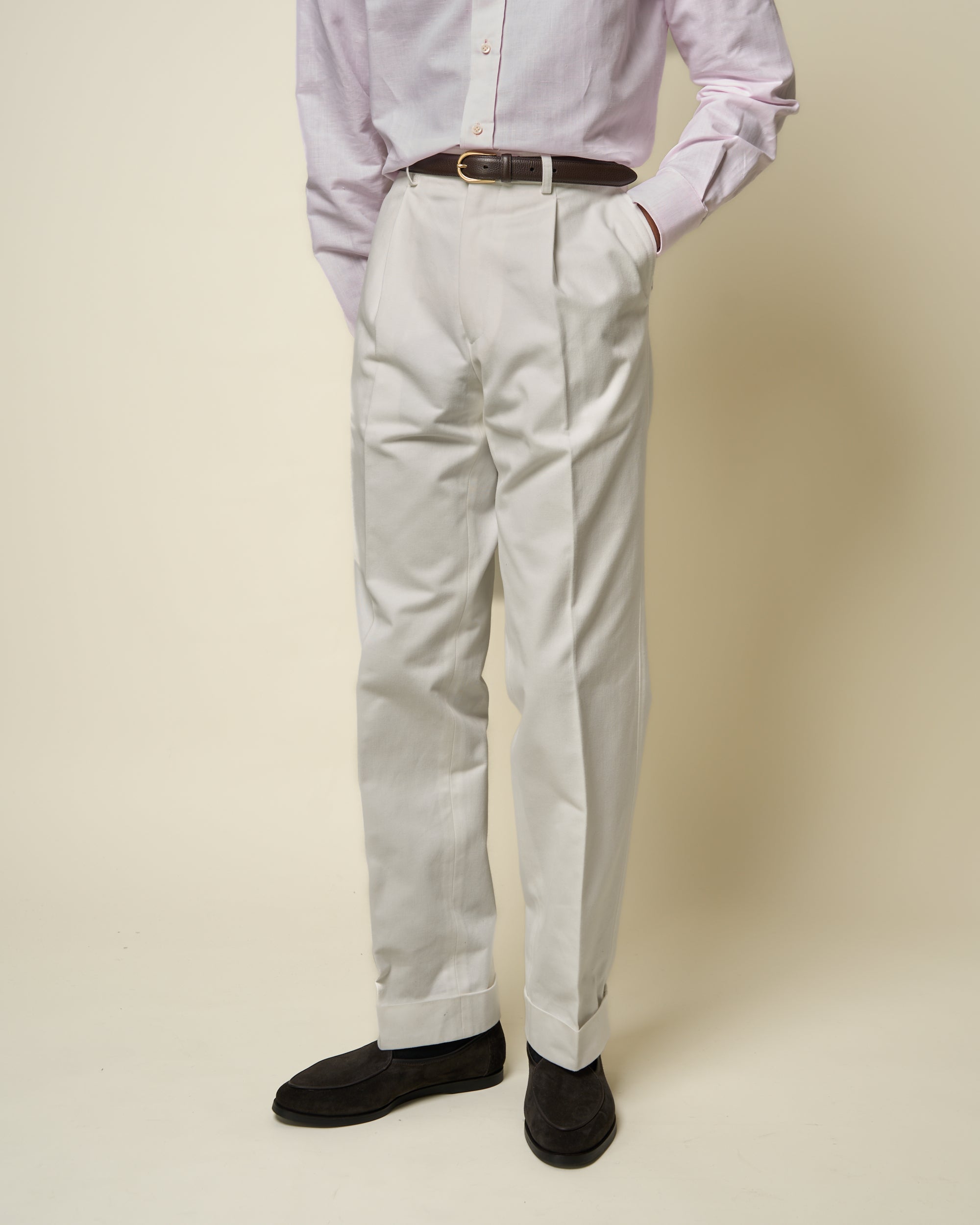 Casual Relaxed Pleated Trouser - White Brushed Cotton