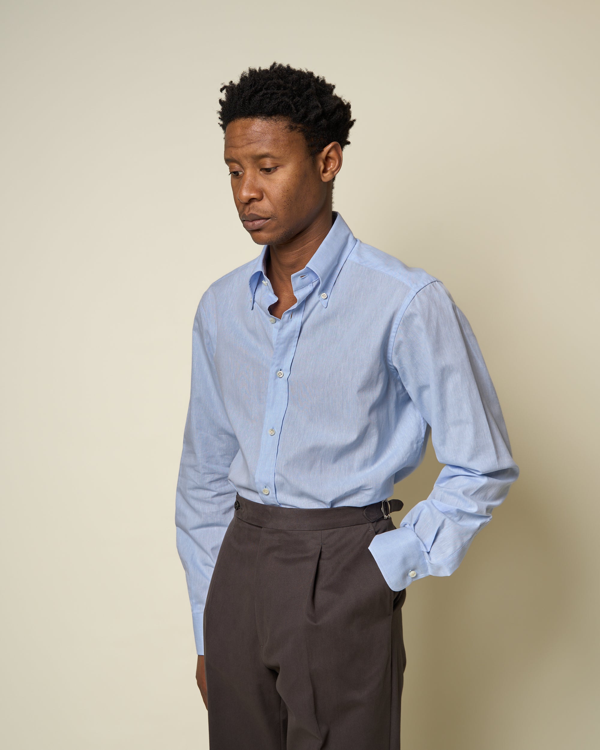 Button Down Collar Shirt - Blue Mélange Cotton Linen