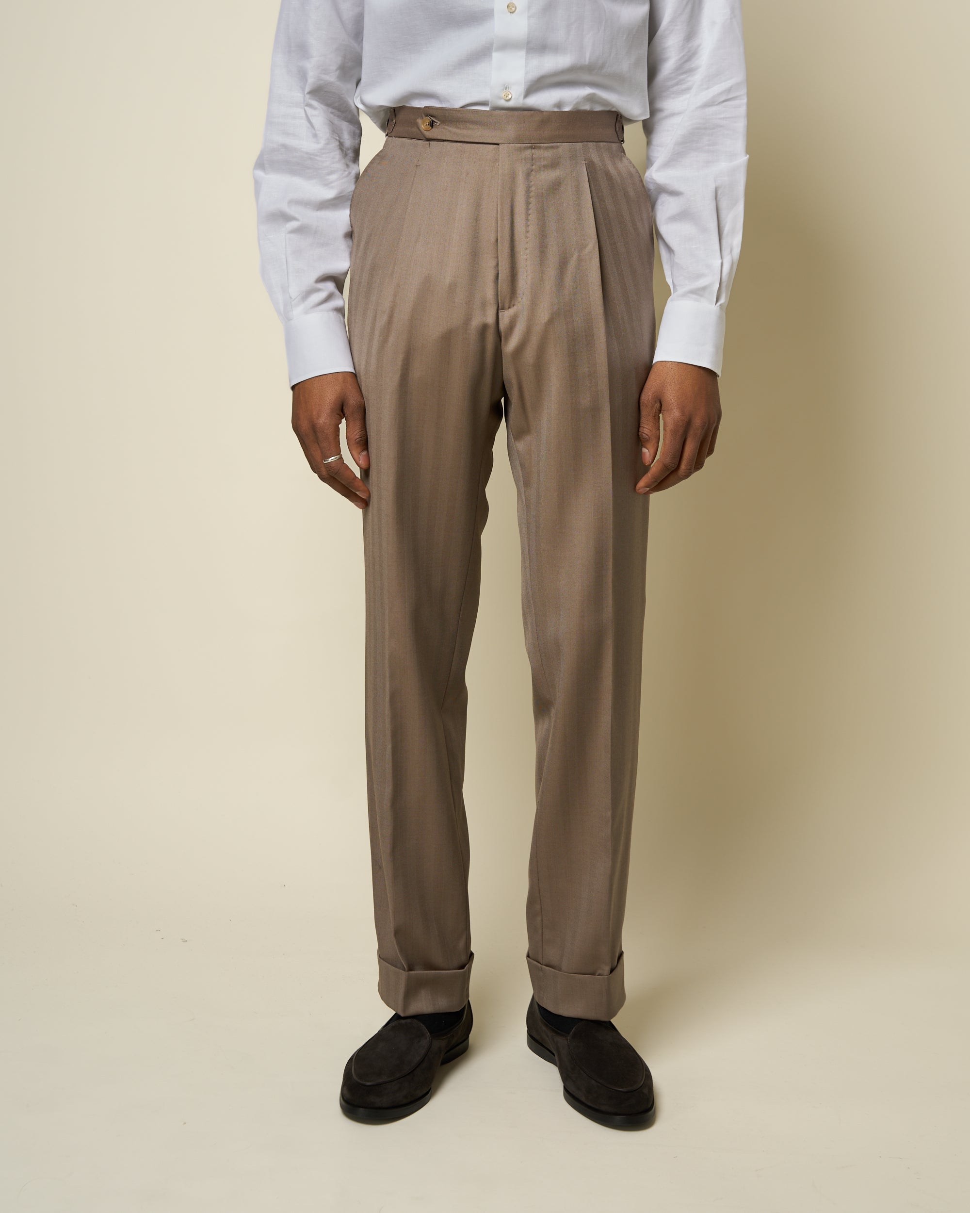 Classic Pleated Trouser - Mushroom Herringbone Wool