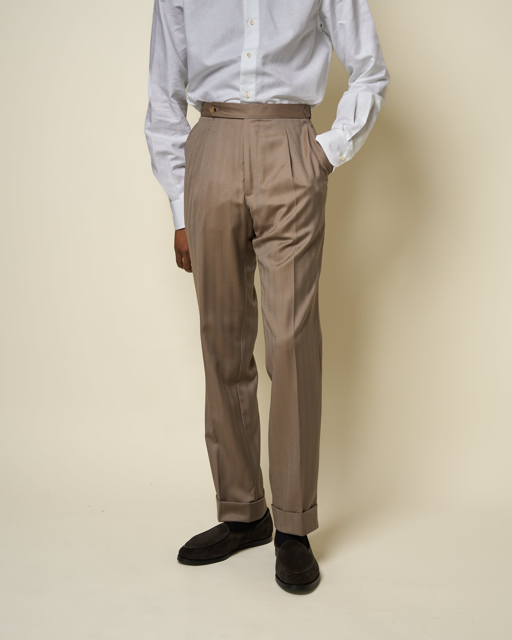 Classic Pleated Trouser - Mushroom Herringbone Wool