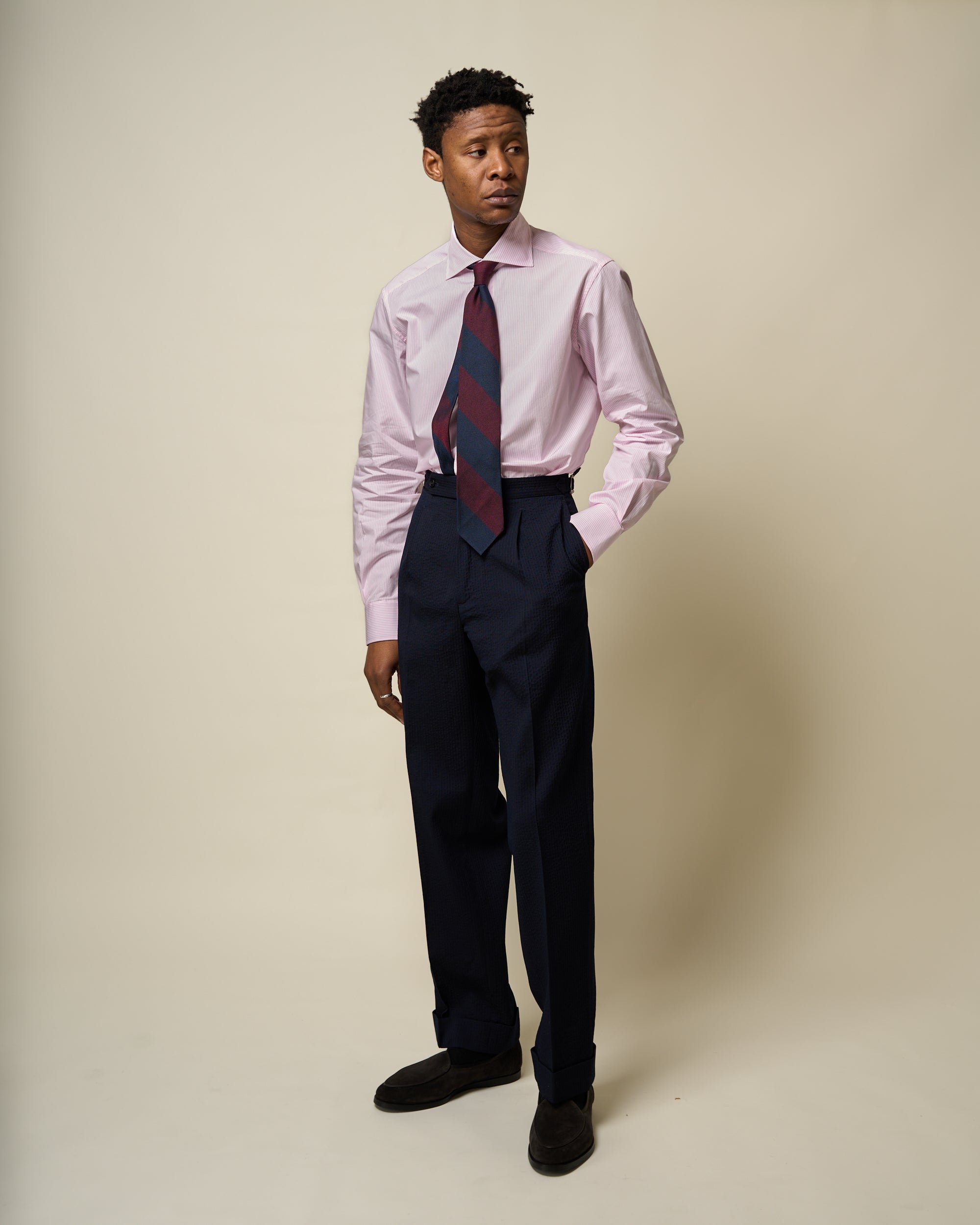 Relaxed Pleated Trouser - Navy Seersucker Wool