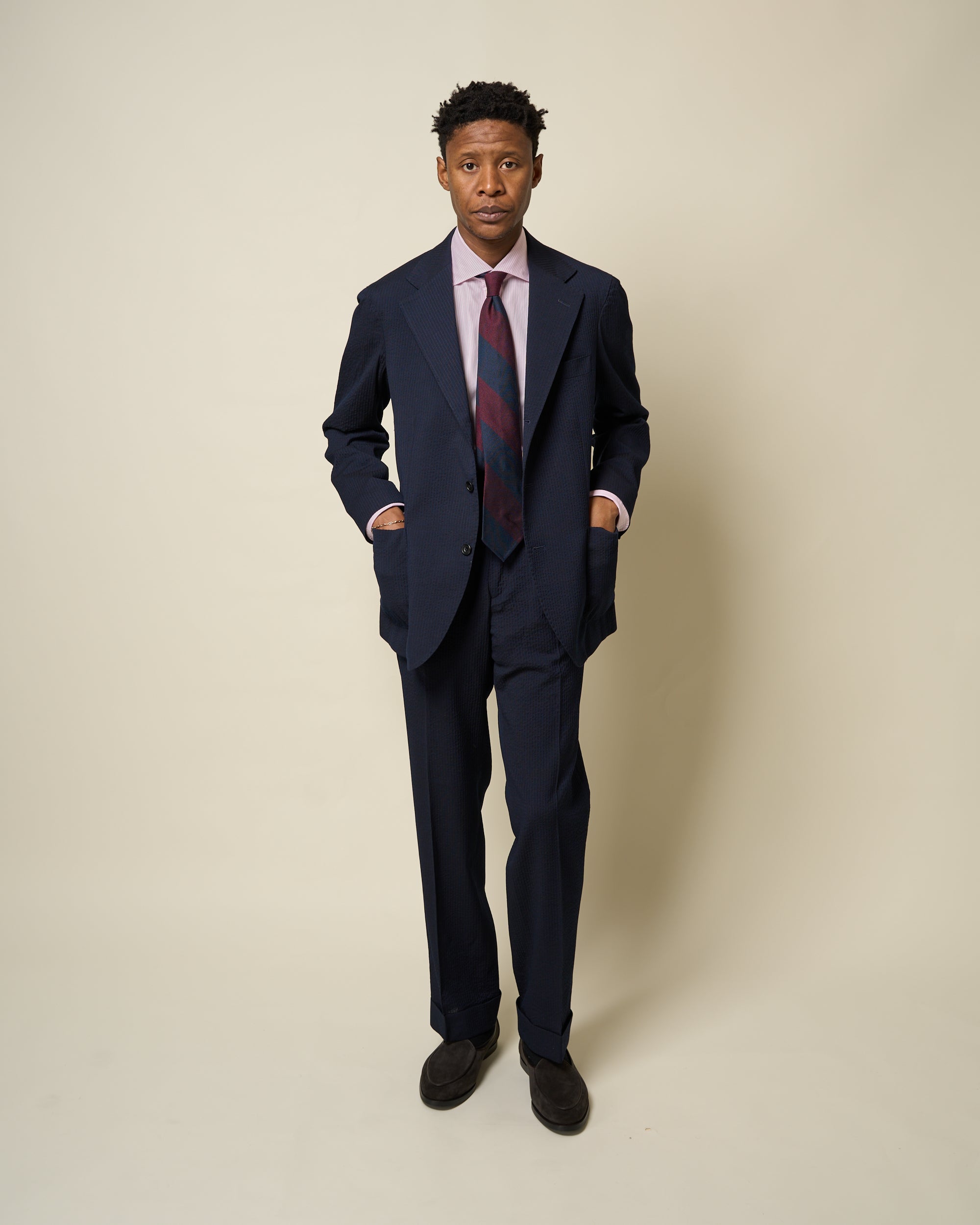 Relaxed Pleated Trouser - Navy Seersucker Wool
