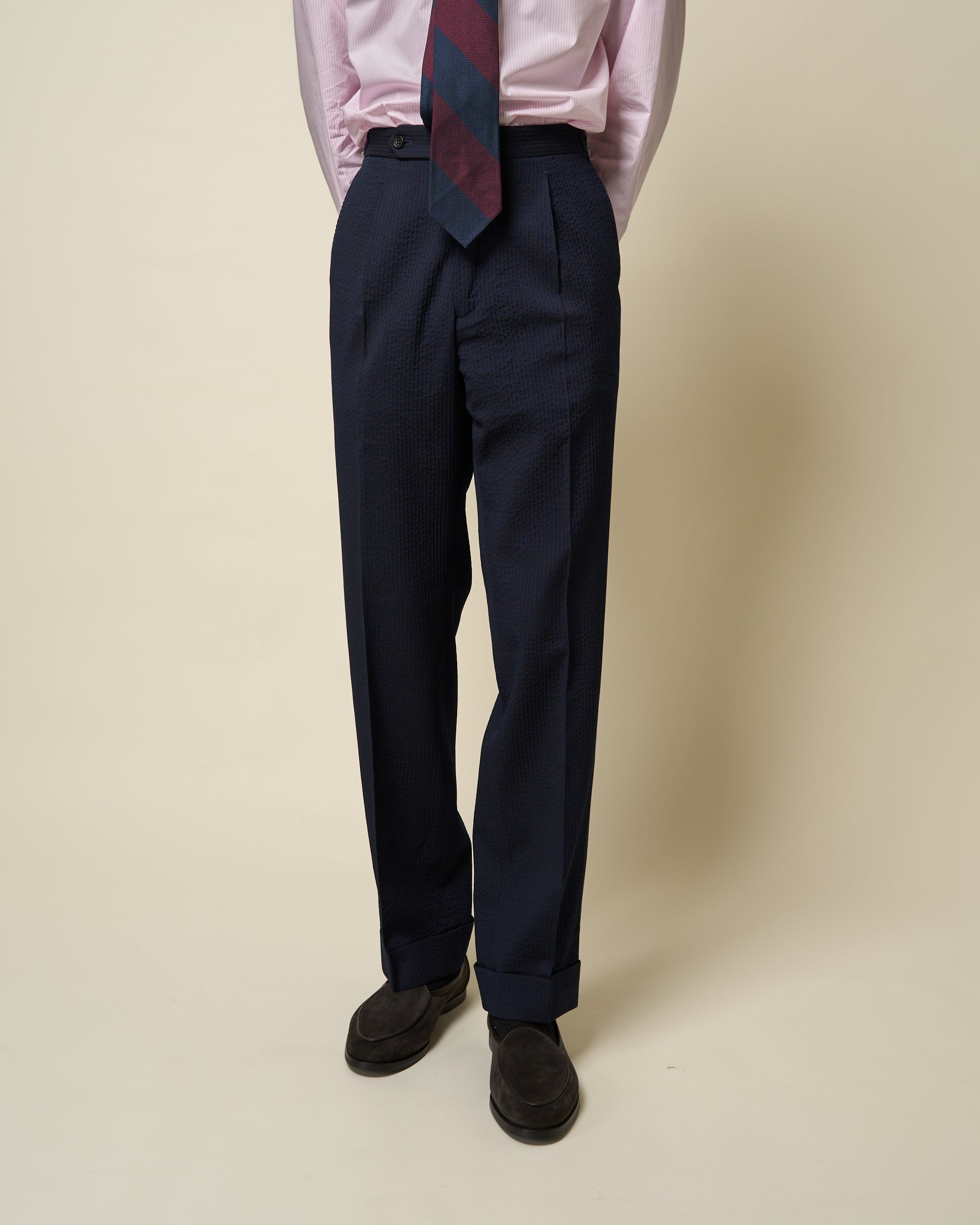 Classic Pleated Trouser - Navy Seersucker Wool