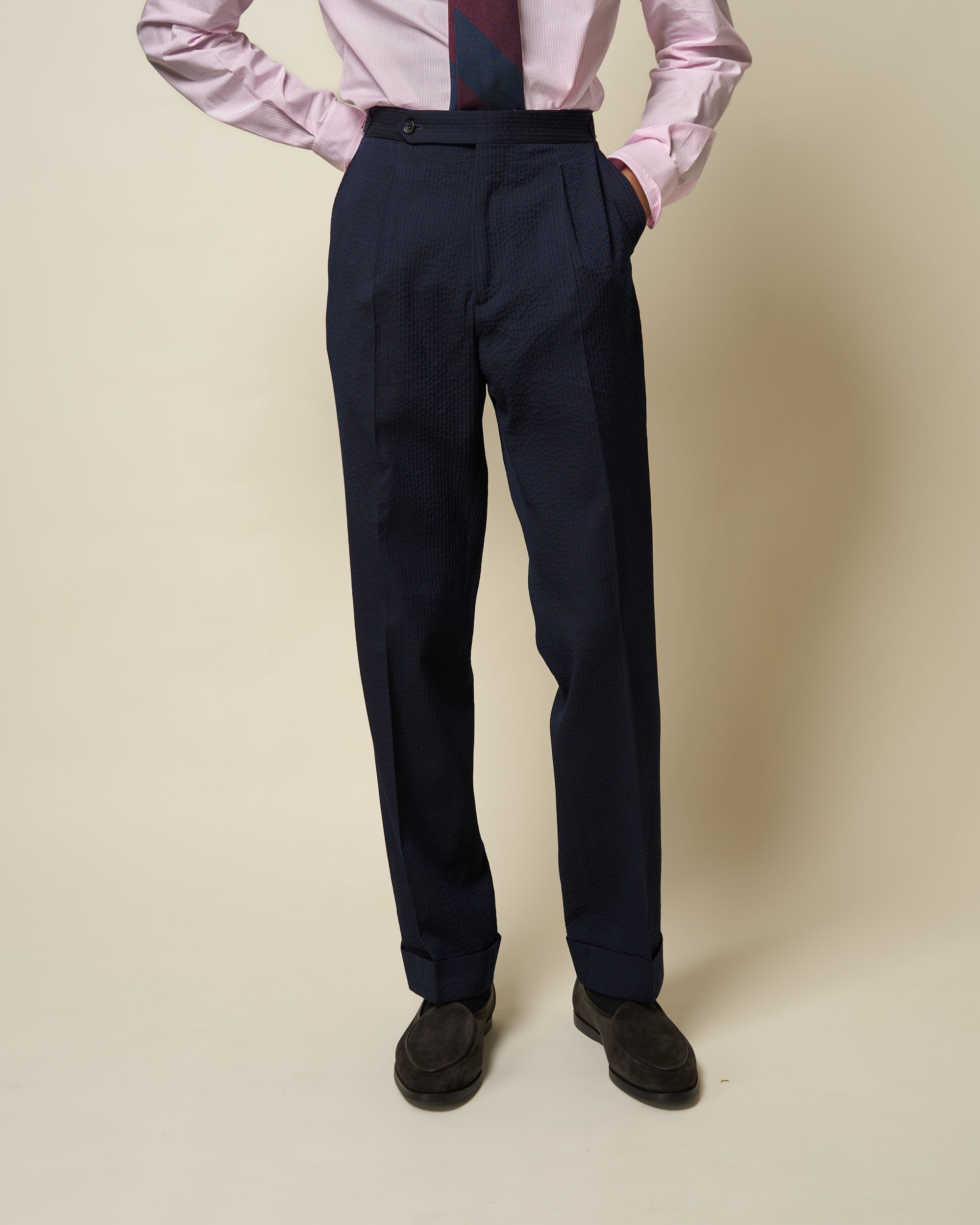 Classic Pleated Trouser - Navy Seersucker Wool