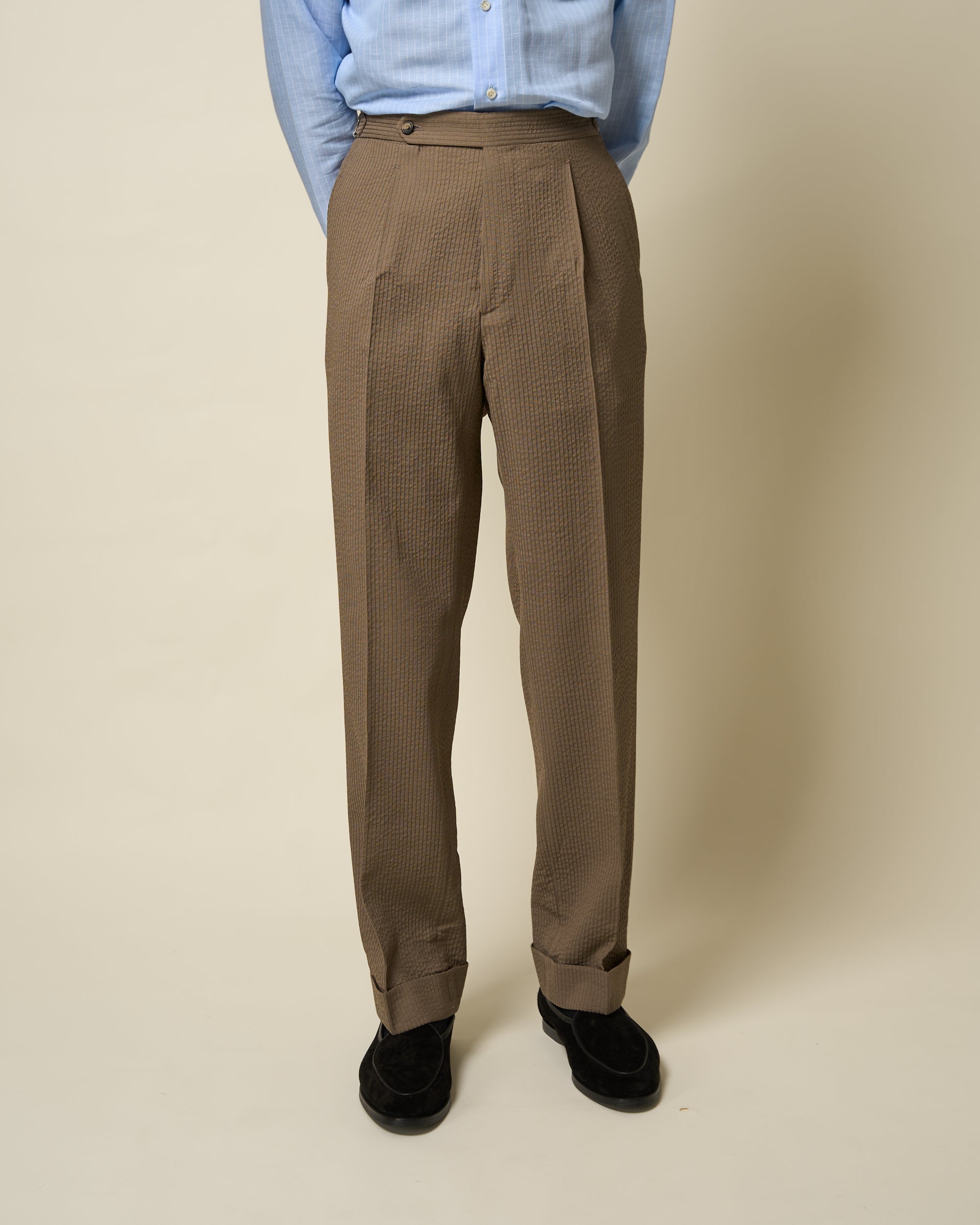 Relaxed Pleated Trouser - Mushroom Seersucker Wool